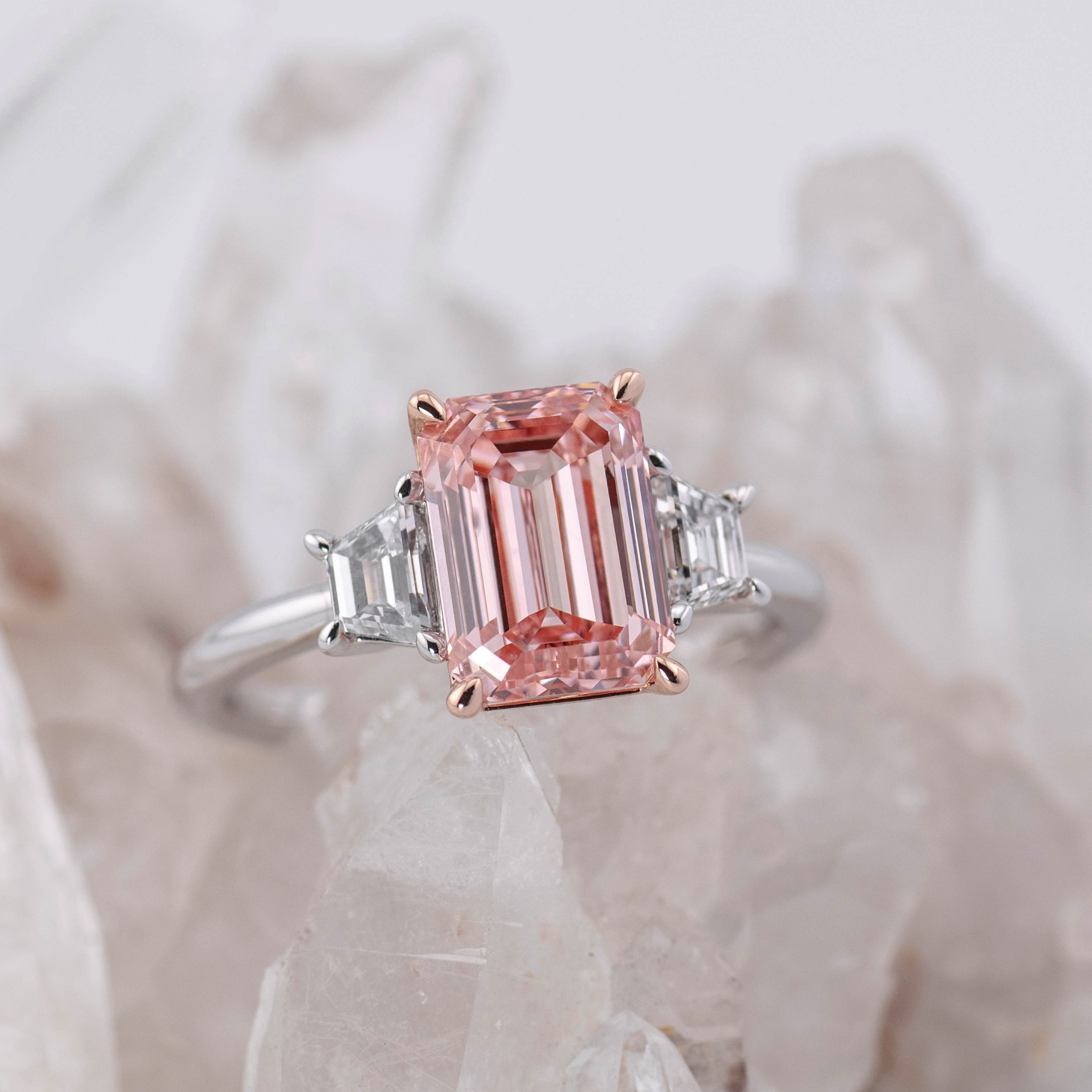 (Ready to Ship Size M) - Custom Pink Diamond 3ct Emerald Cut Trilogy