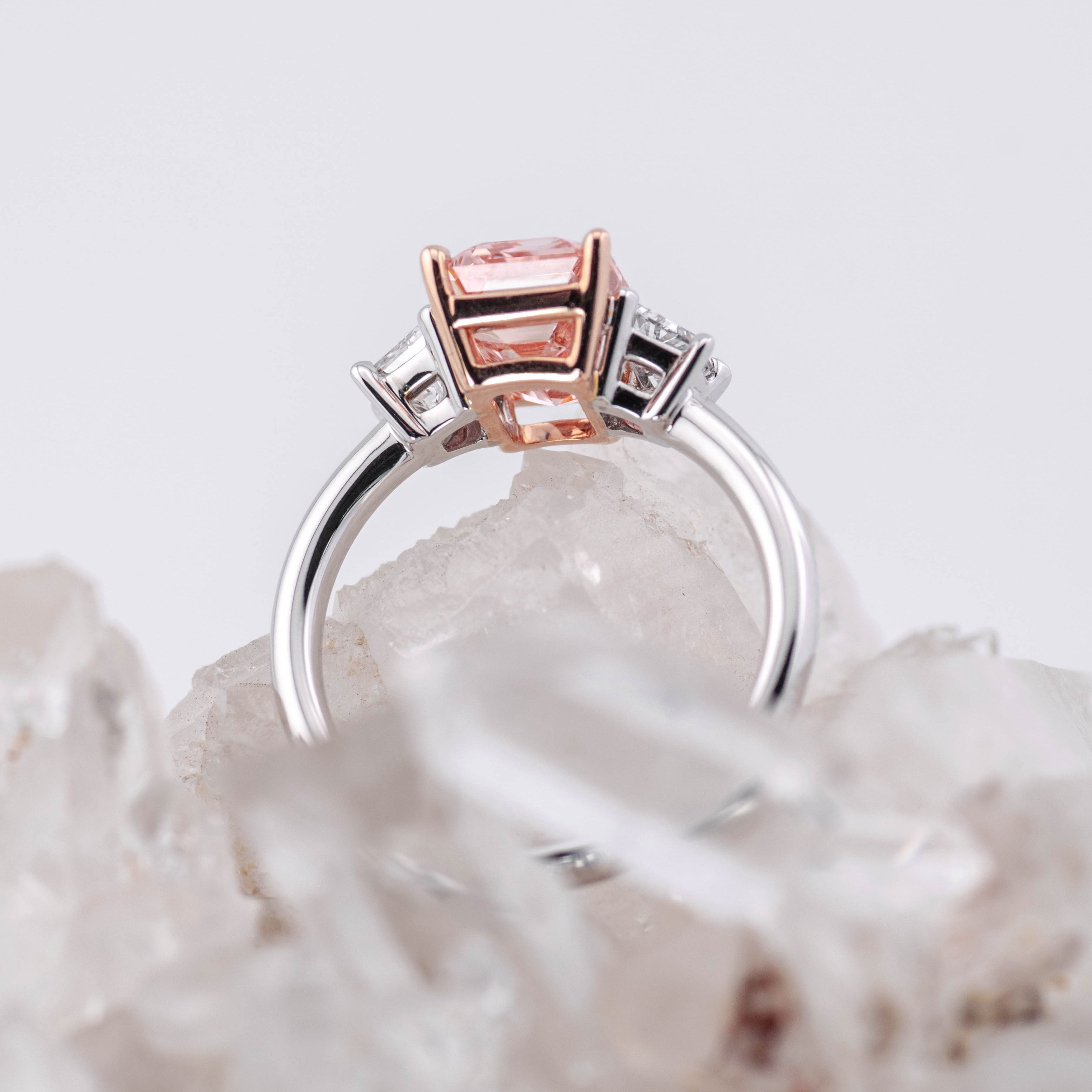 (Ready to Ship Size M) - Custom Pink Diamond 3ct Emerald Cut Trilogy