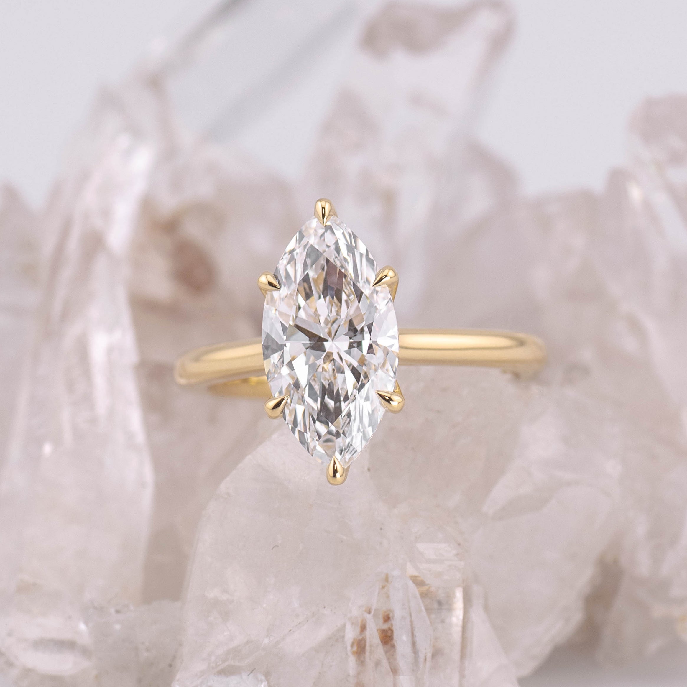 (Ready to Ship Size M) - Petal Marquise – 6 Claw 2.58ct E VVS2 Marquise Solitaire in 18k Yellow Gold