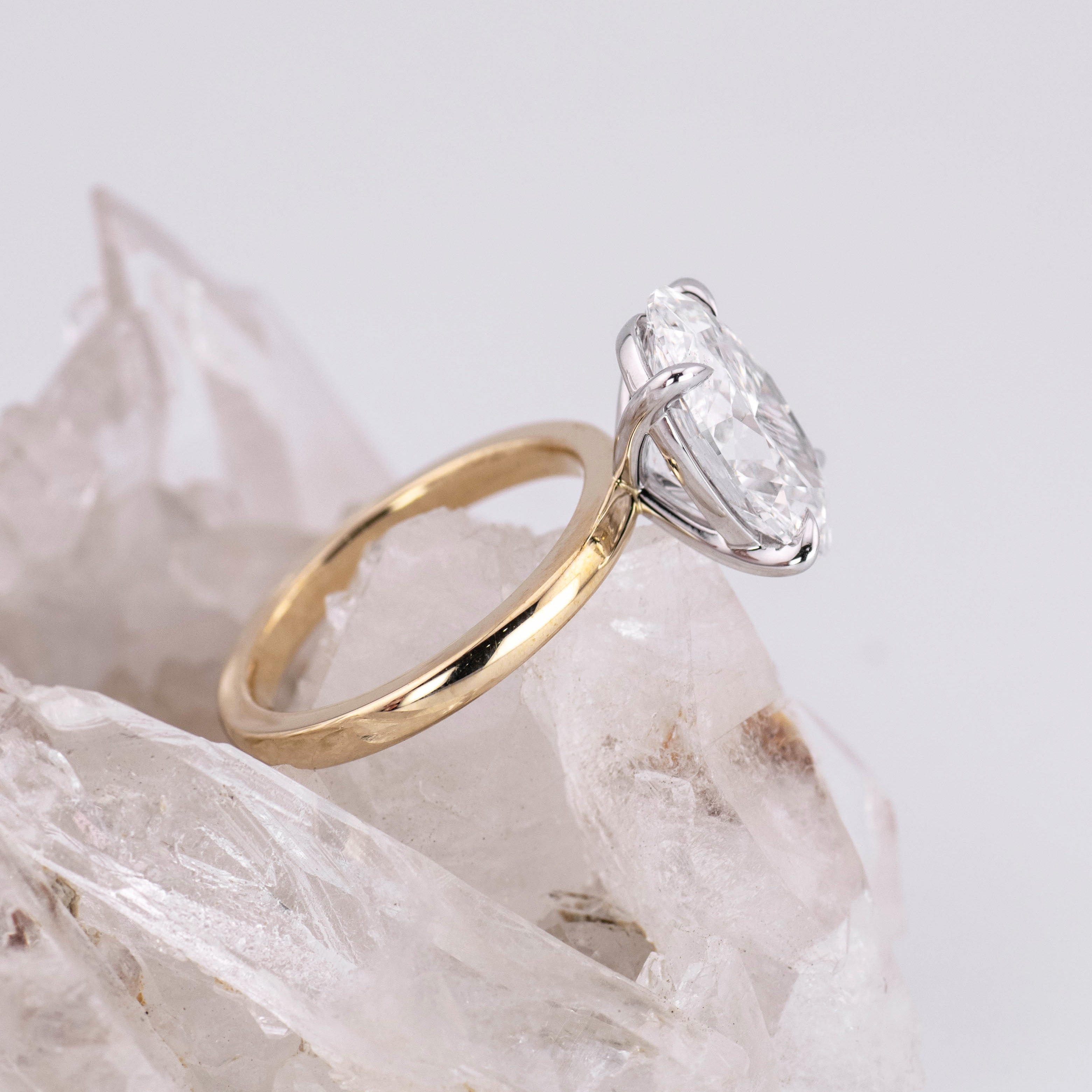 (Ready to Ship Size J) - Kate 3.0 – 4 Claw 3.61ct E VVS2 Oval Solitaire in 14k 2 Tone Yellow & White Gold