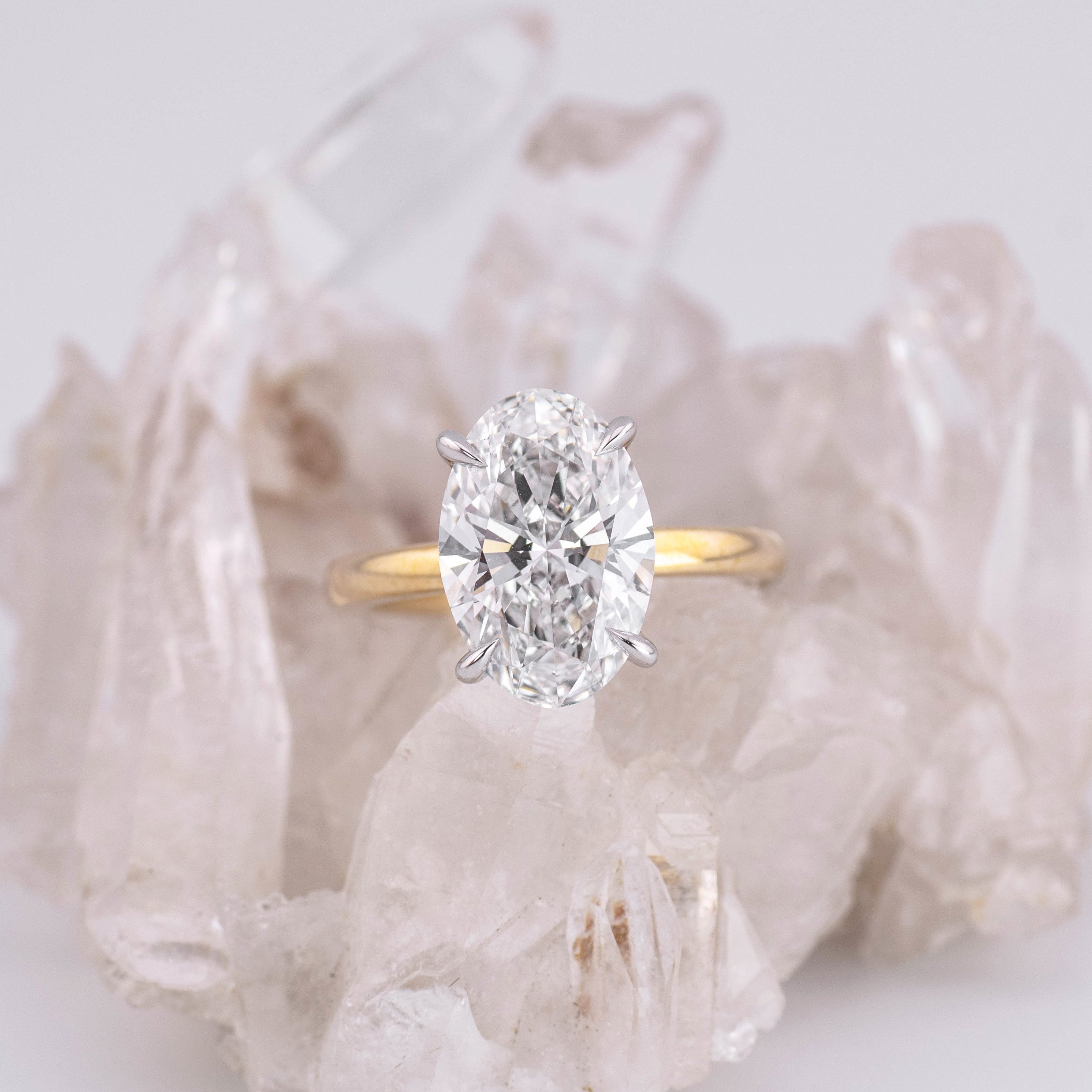 (Ready to Ship Size J) - Kate 3.0 – 4 Claw 3.61ct E VVS2 Oval Solitaire in 14k 2 Tone Yellow & White Gold