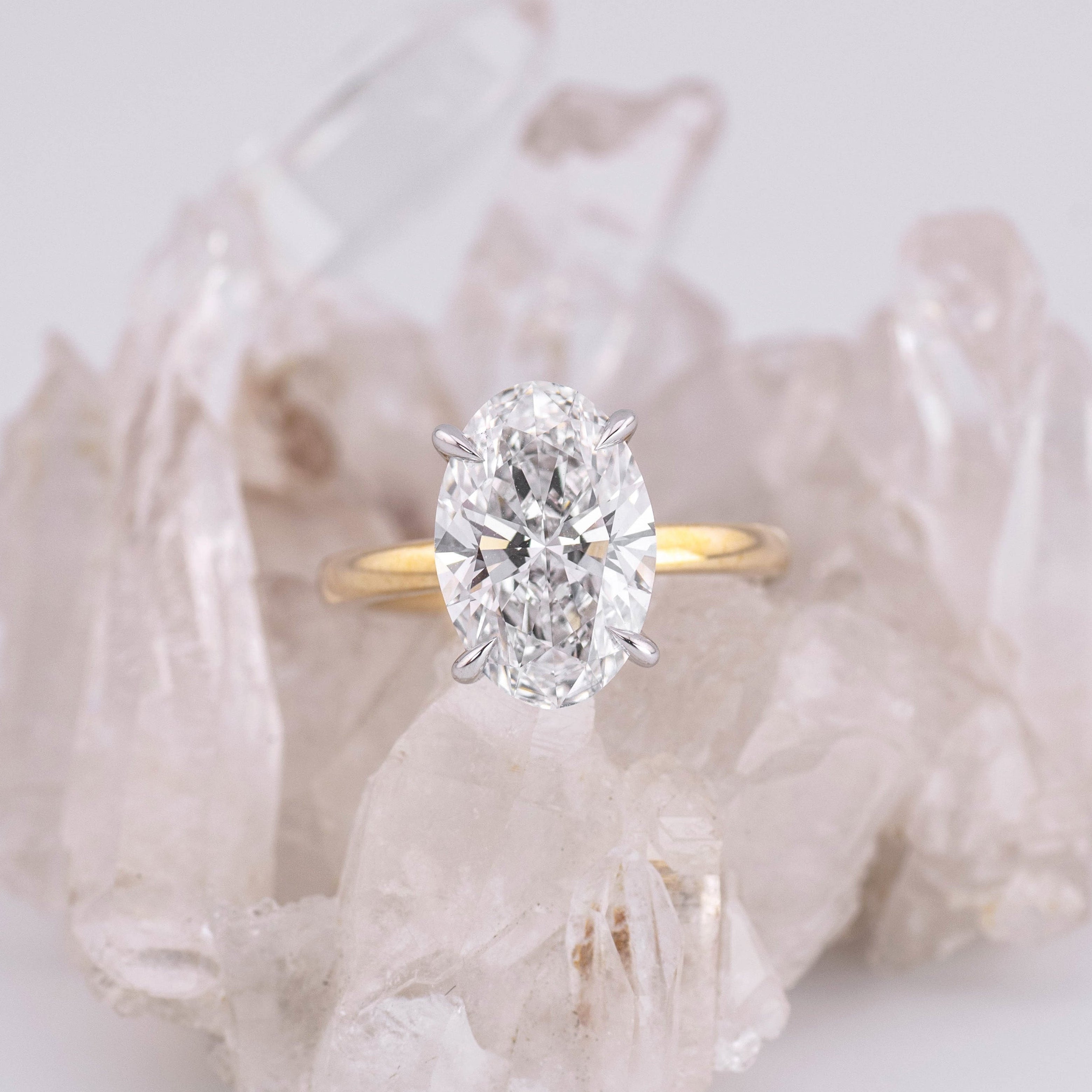 (Ready to Ship Size J) - Kate 3.0 – 4 Claw 3.61ct E VVS2 Oval Solitaire in 14k 2 Tone Yellow & White Gold