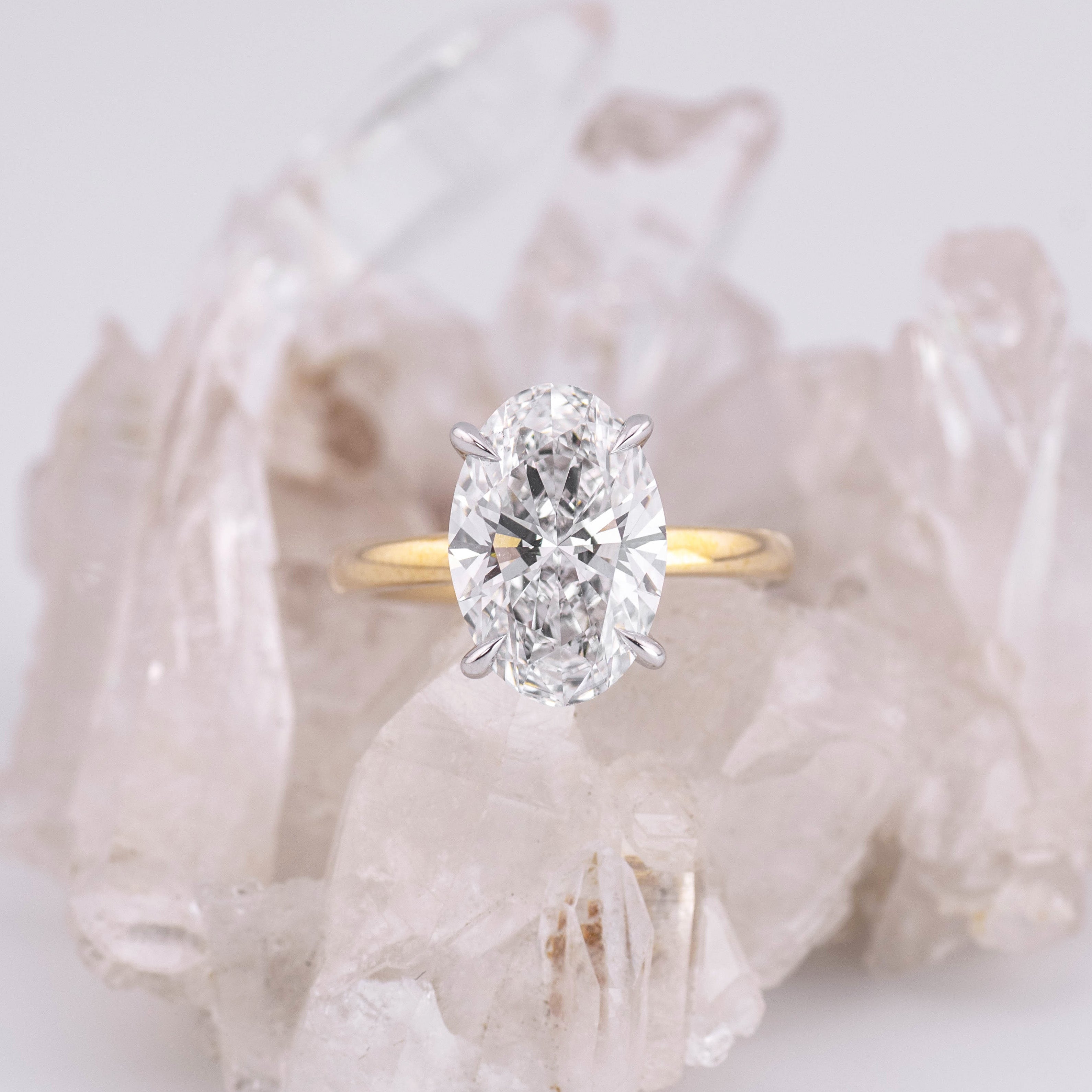 (Ready to Ship Size J) - Kate 3.0 – 4 Claw 3.61ct E VVS2 Oval Solitaire in 14k 2 Tone Yellow & White Gold