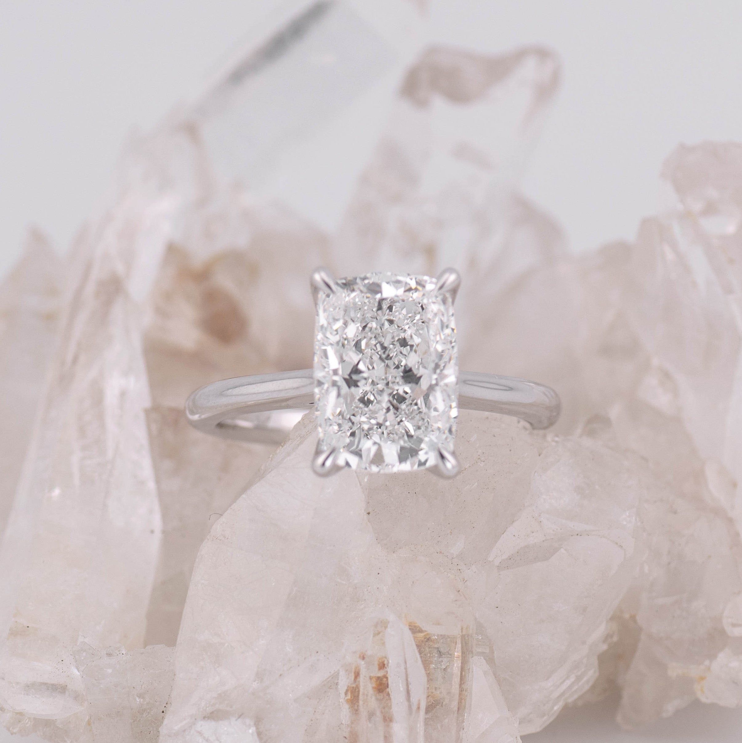 (Ready to Ship Size L) - Petal Elongated Cushion – 4 Claw 3.10ct D VVS2 Solitaire in 18k White Gold