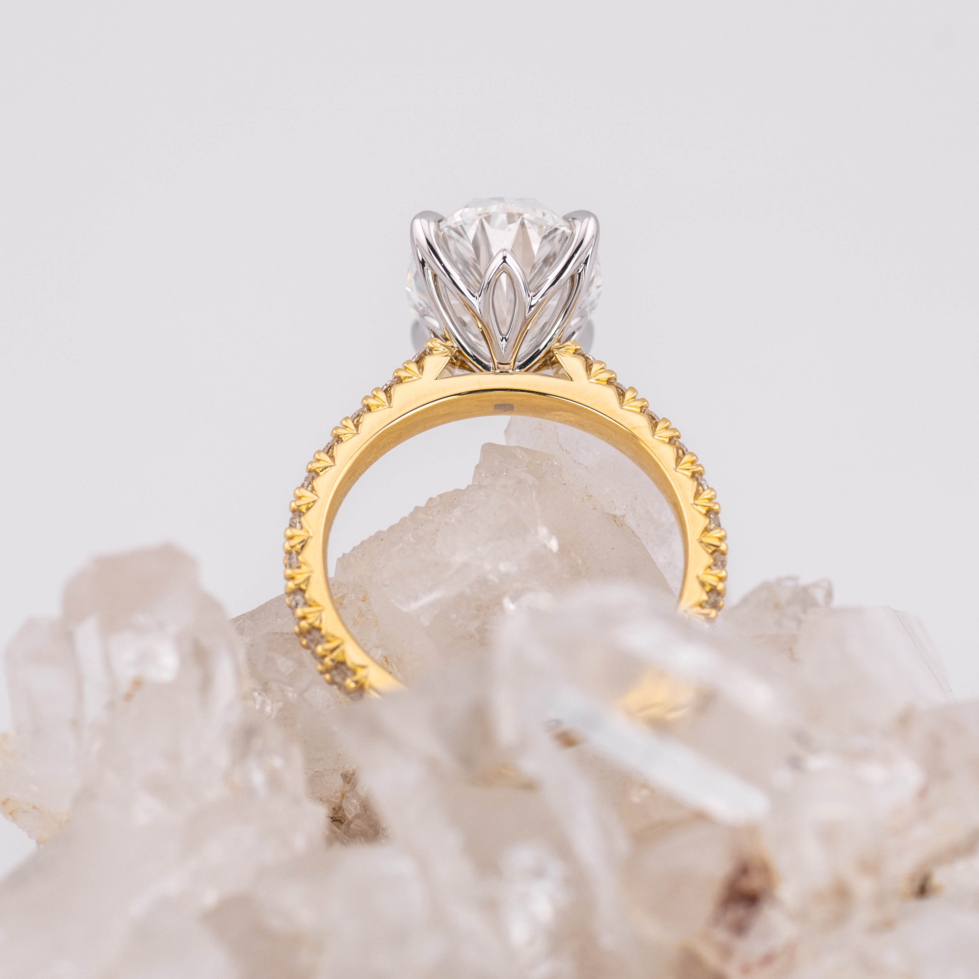 (Ready to Ship Size M) Petal Pave Solitaire – 5.06ct 4 Petal Claw Oval Brilliant E VVS2 in 18k 2 Tone Gold