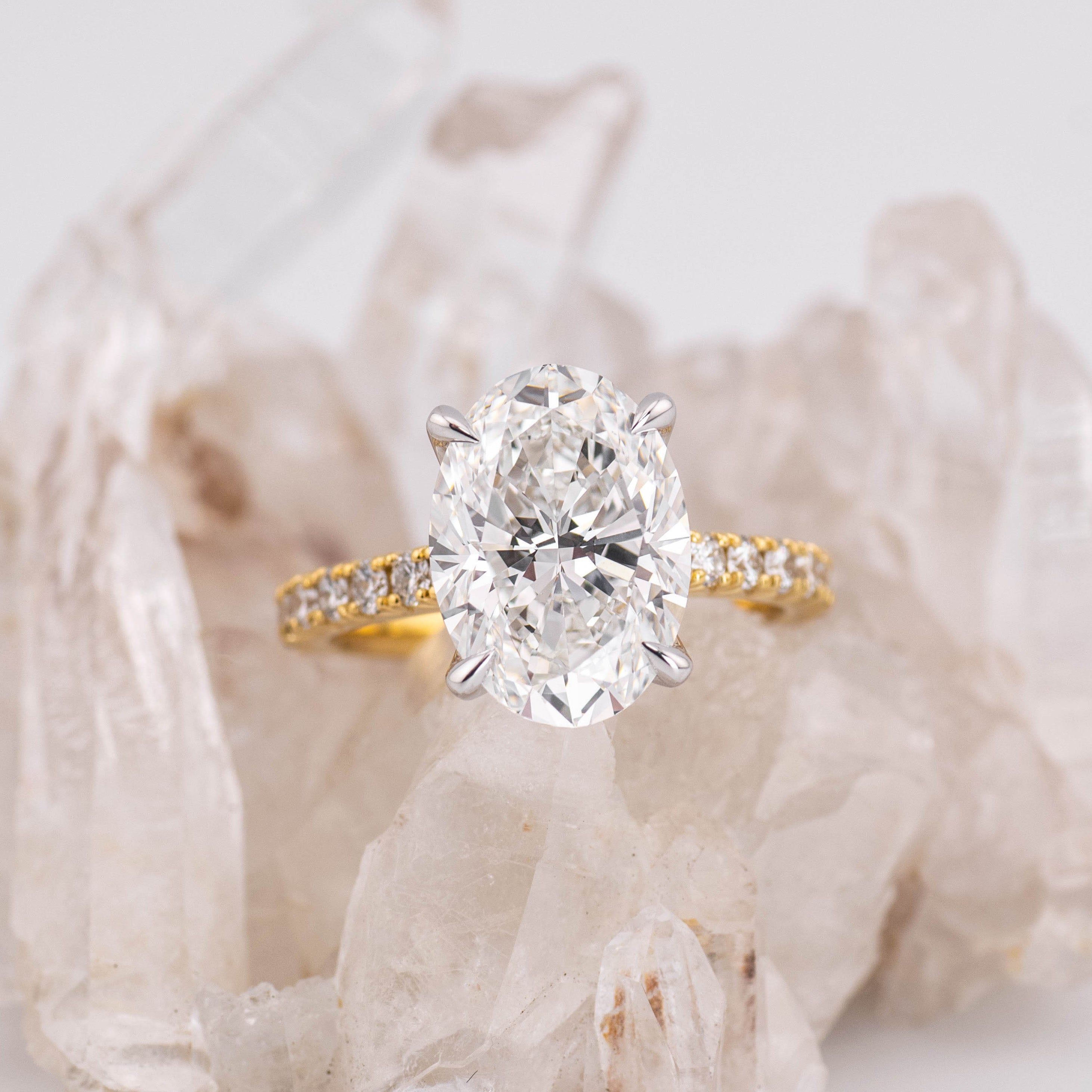(Ready to Ship Size M) Petal Pave Solitaire – 5.06ct 4 Petal Claw Oval Brilliant E VVS2 in 18k 2 Tone Gold