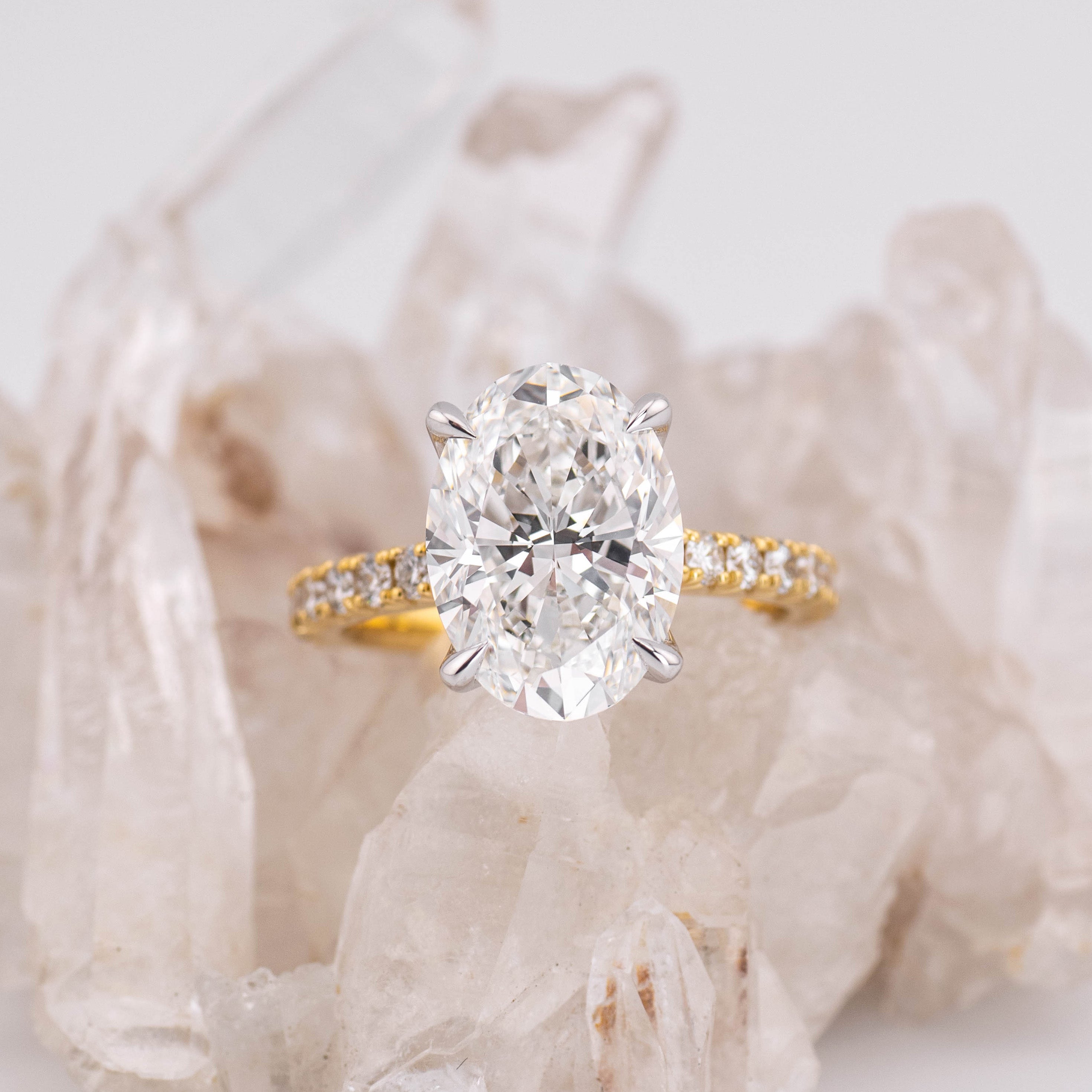 (Ready to Ship Size M) Petal Pave Solitaire – 5.06ct 4 Petal Claw Oval Brilliant E VVS2 in 18k 2 Tone Gold