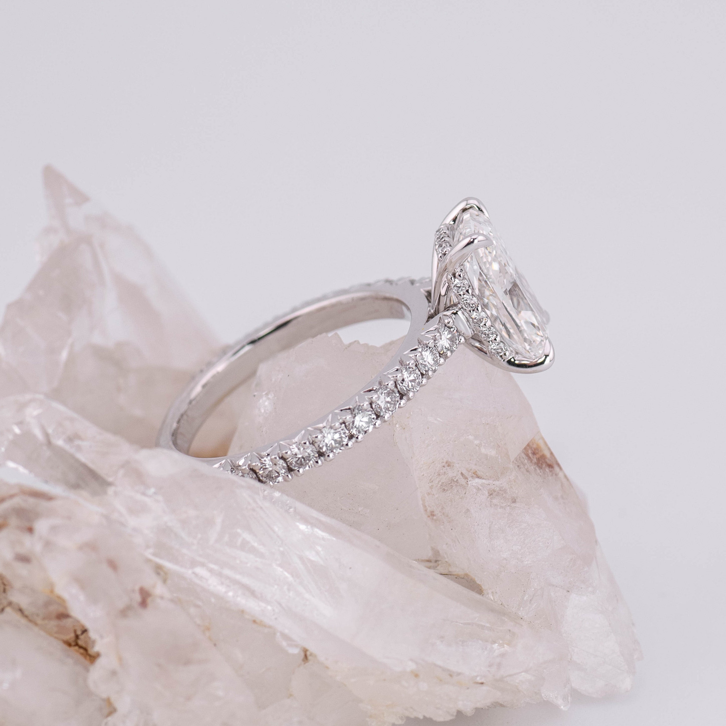 (Ready to Ship Size N) - 3ct Elongated Cushion Solitaire with Hidden Halo & French Pave Band 18k White Gold
