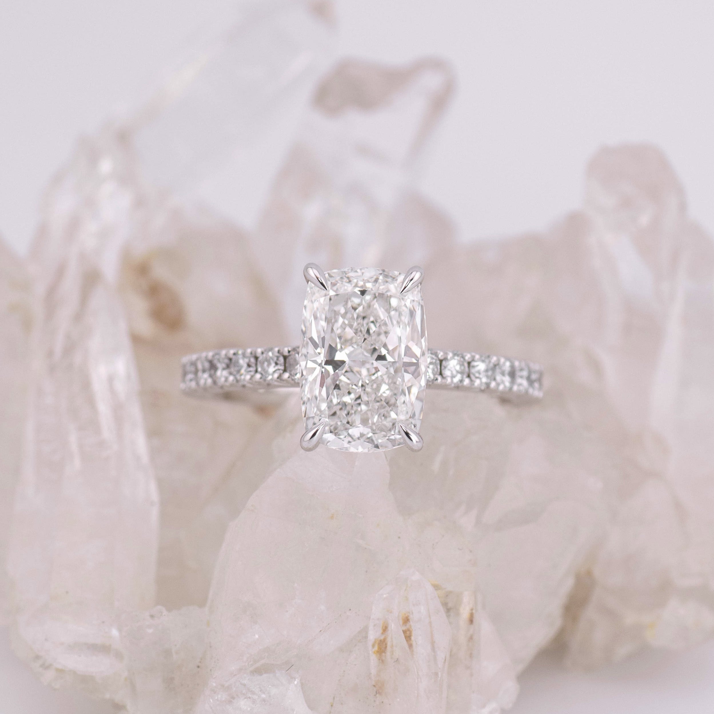(Ready to Ship Size N) - 3ct Elongated Cushion Solitaire with Hidden Halo & French Pave Band 18k White Gold