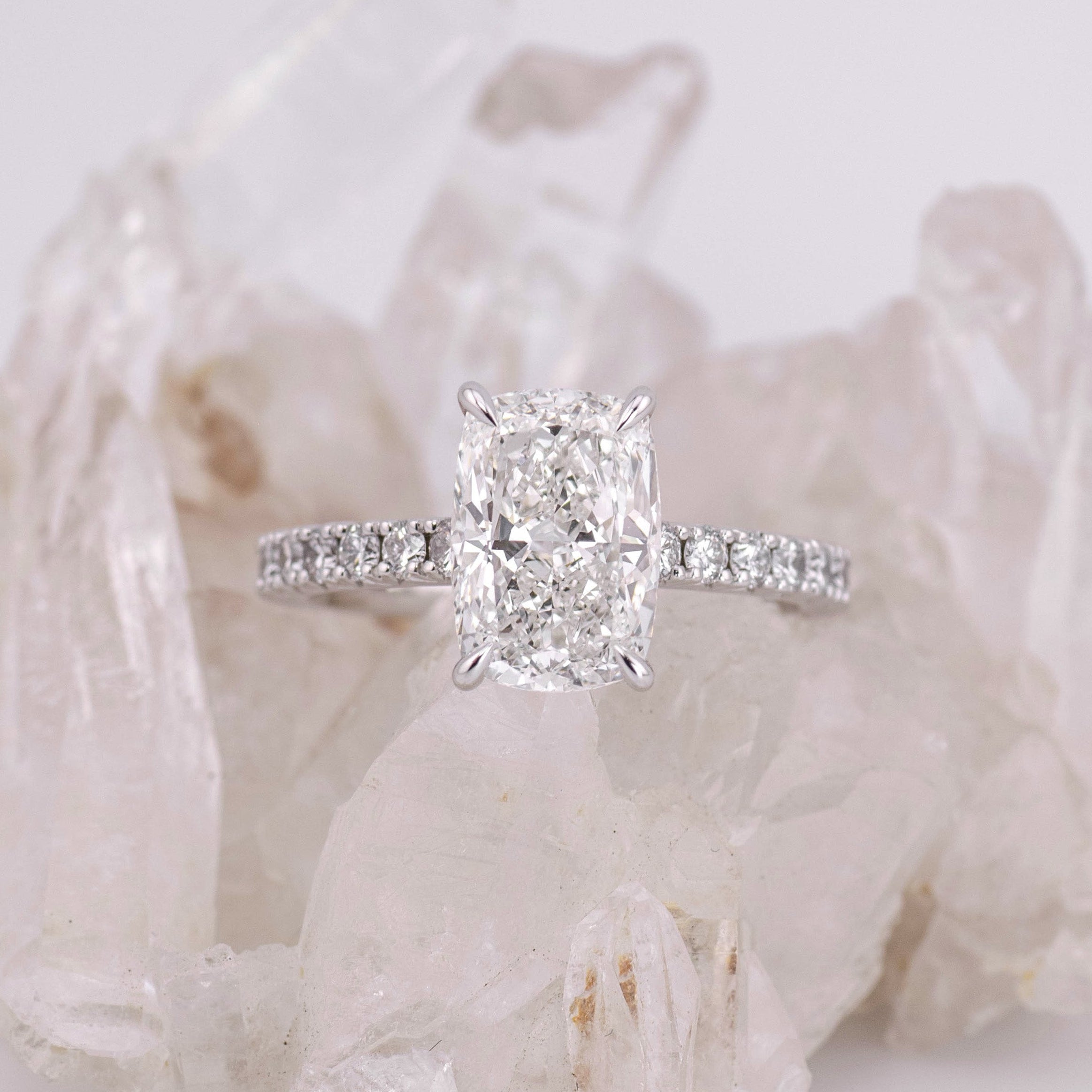 (Ready to Ship Size N) - 3ct Elongated Cushion Solitaire with Hidden Halo & French Pave Band 18k White Gold