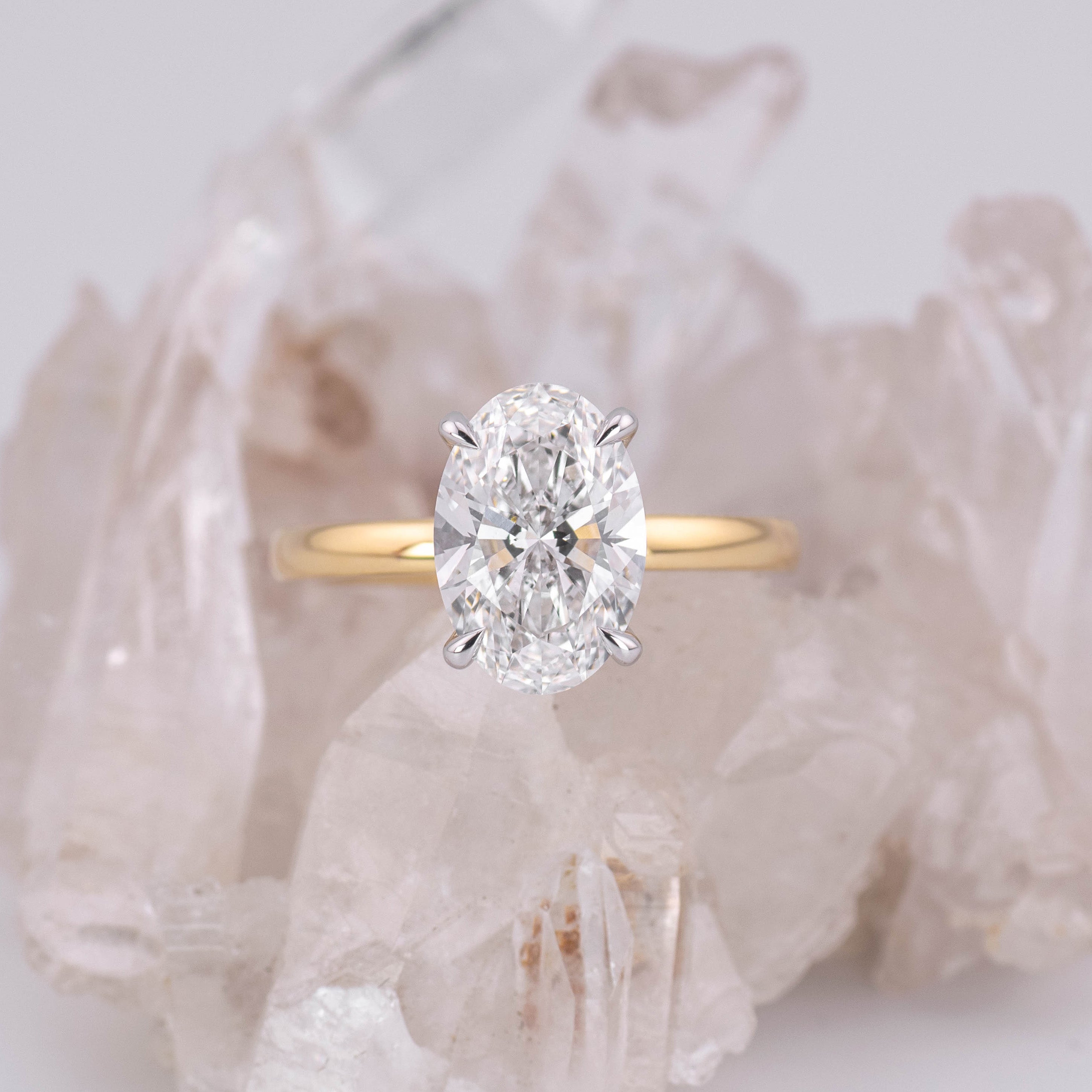 (Ready to Ship Size M) - Kate – 4 Claw 2.83ct E VVS2 Oval Solitaire in 18k 2 Tone Yellow & White Gold