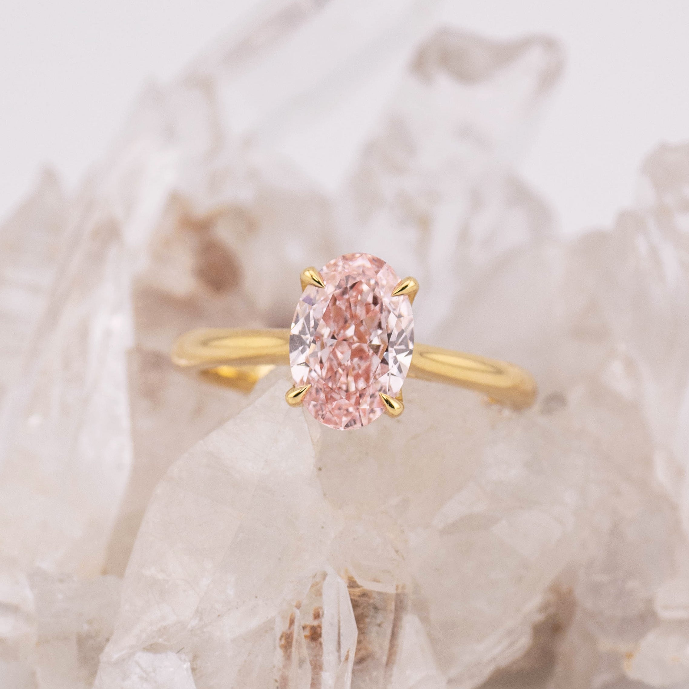 (Ready to Ship Size M) - Pink Oval Petal 2.0 – 4 Claw Petal Basket 2.07ct Fancy Pink VVS2 Oval Solitaire in 18k Yellow Gold