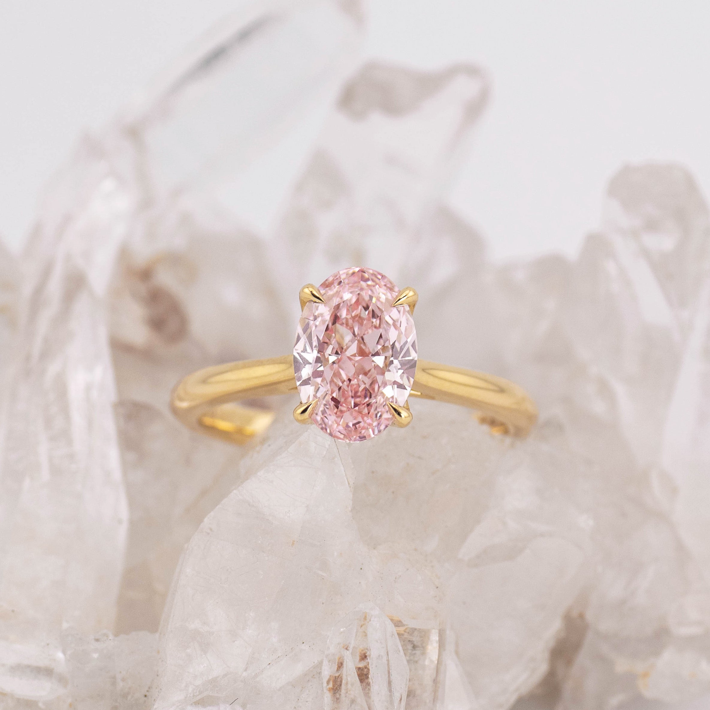 (Ready to Ship Size M) - Pink Oval Petal 2.0 – 4 Claw Petal Basket 2.07ct Fancy Pink VVS2 Oval Solitaire in 18k Yellow Gold