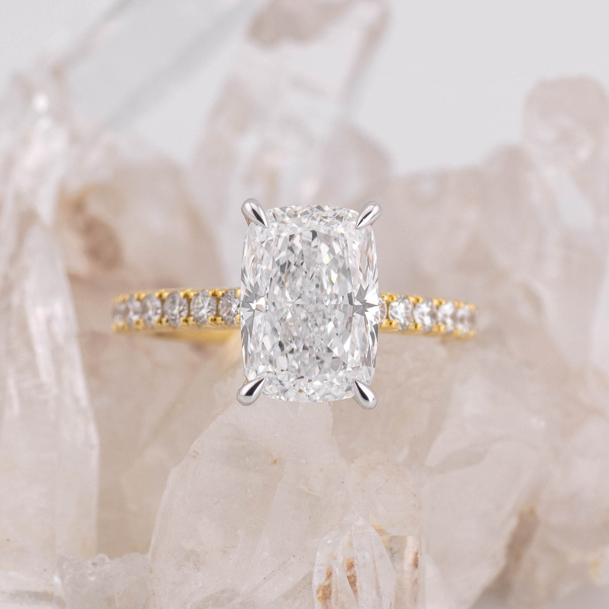 (Ready to Ship Size N) - 4.21ct Elongated Cushion Solitaire with Hidden Halo & French Pave Band 18k 2 Tone Gold