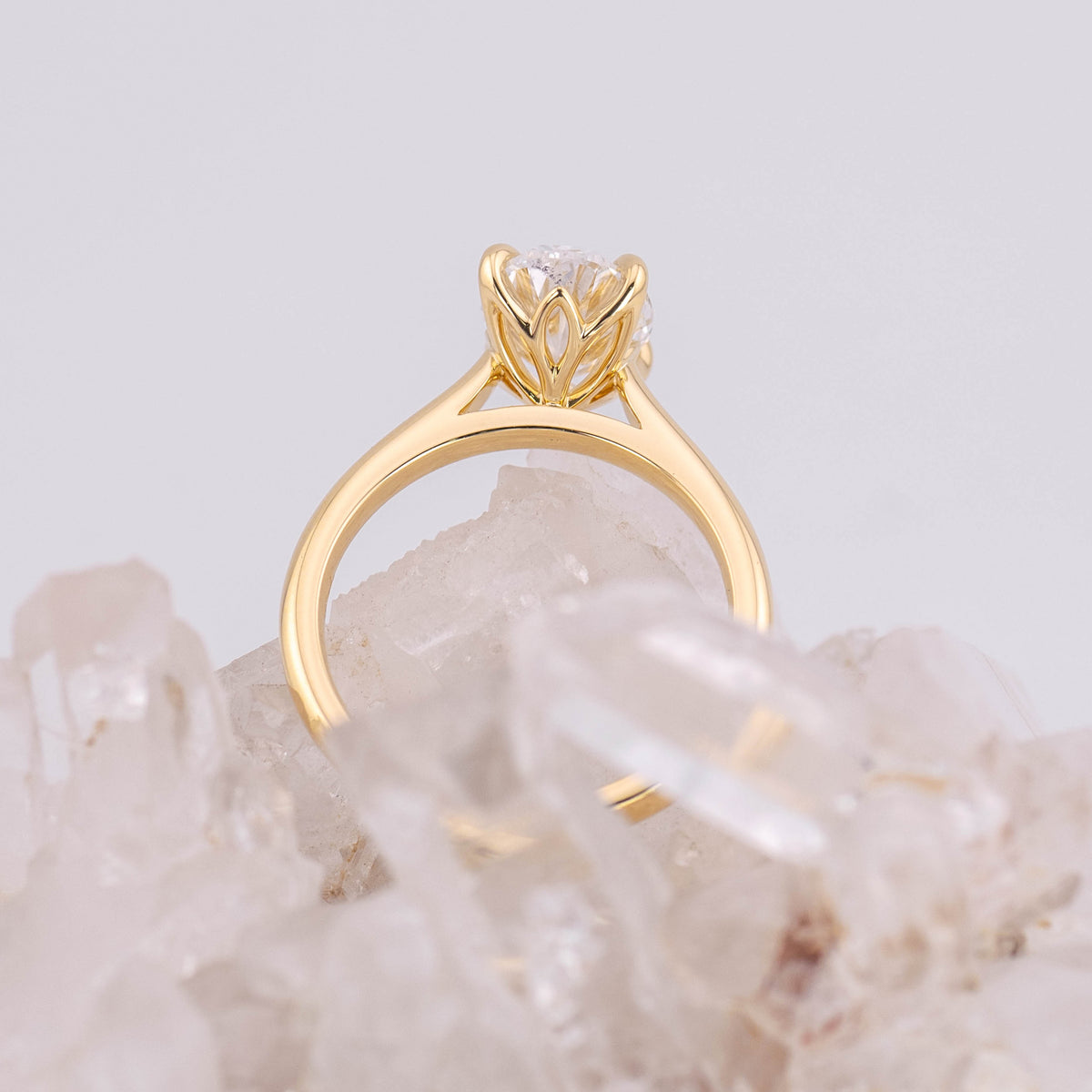 (Ready to Ship Size L) - Oval Petal 2.0 – 4 Claw Petal Basket 2ct D VVS2 Oval Solitaire in 18k Yellow Gold