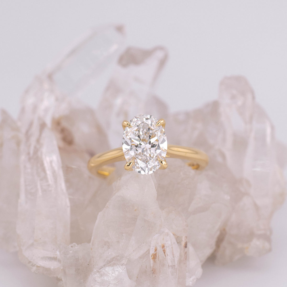 (Ready to Ship Size L) - Oval Petal 2.0 – 4 Claw Petal Basket 2ct D VVS2 Oval Solitaire in 18k Yellow Gold