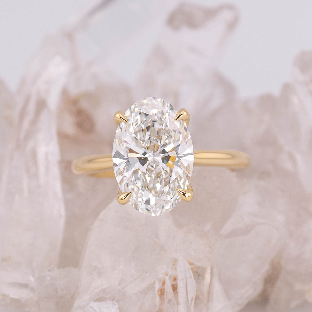 (Ready to Ship Size N) - Oval Petal 4.0 – 4 Claw Petal Basket 4.21ct E VVS2 Oval Solitaire in 18k Yellow Gold