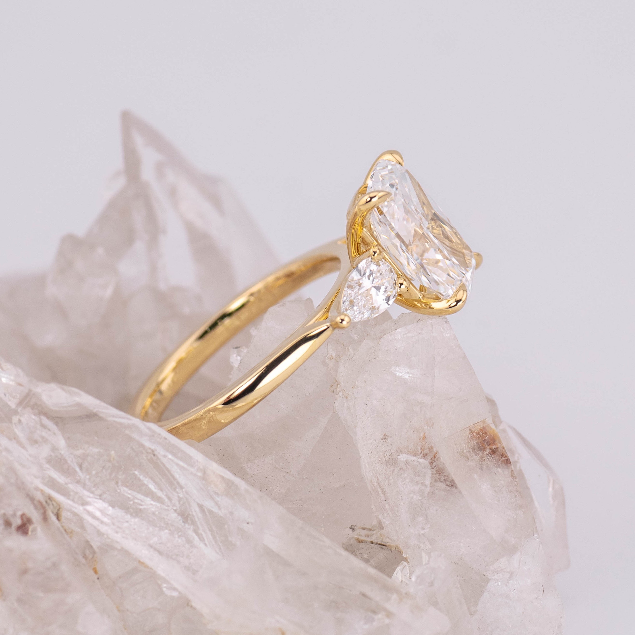 (Ready to Ship Size M) - 3.03ct Elongated Cushion E VVS2 and Pear Trilogy in 18k Yellow Gold
