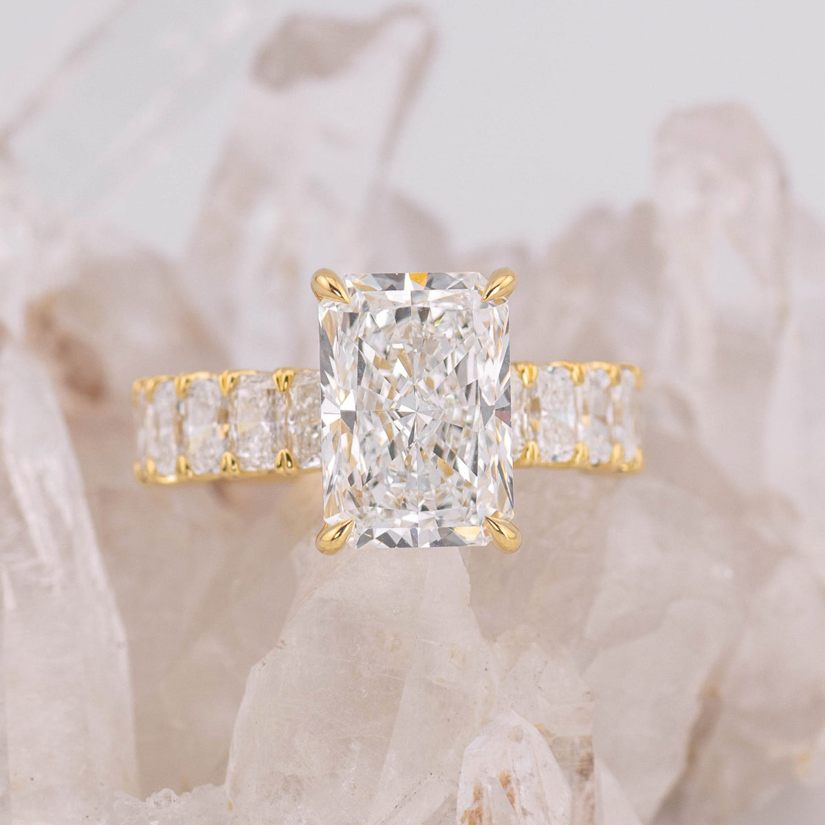 (Ready to Ship Size N) Custom 4ct Radiant Lab Diamond Ring with Radiant band in 18k Yellow Gold
