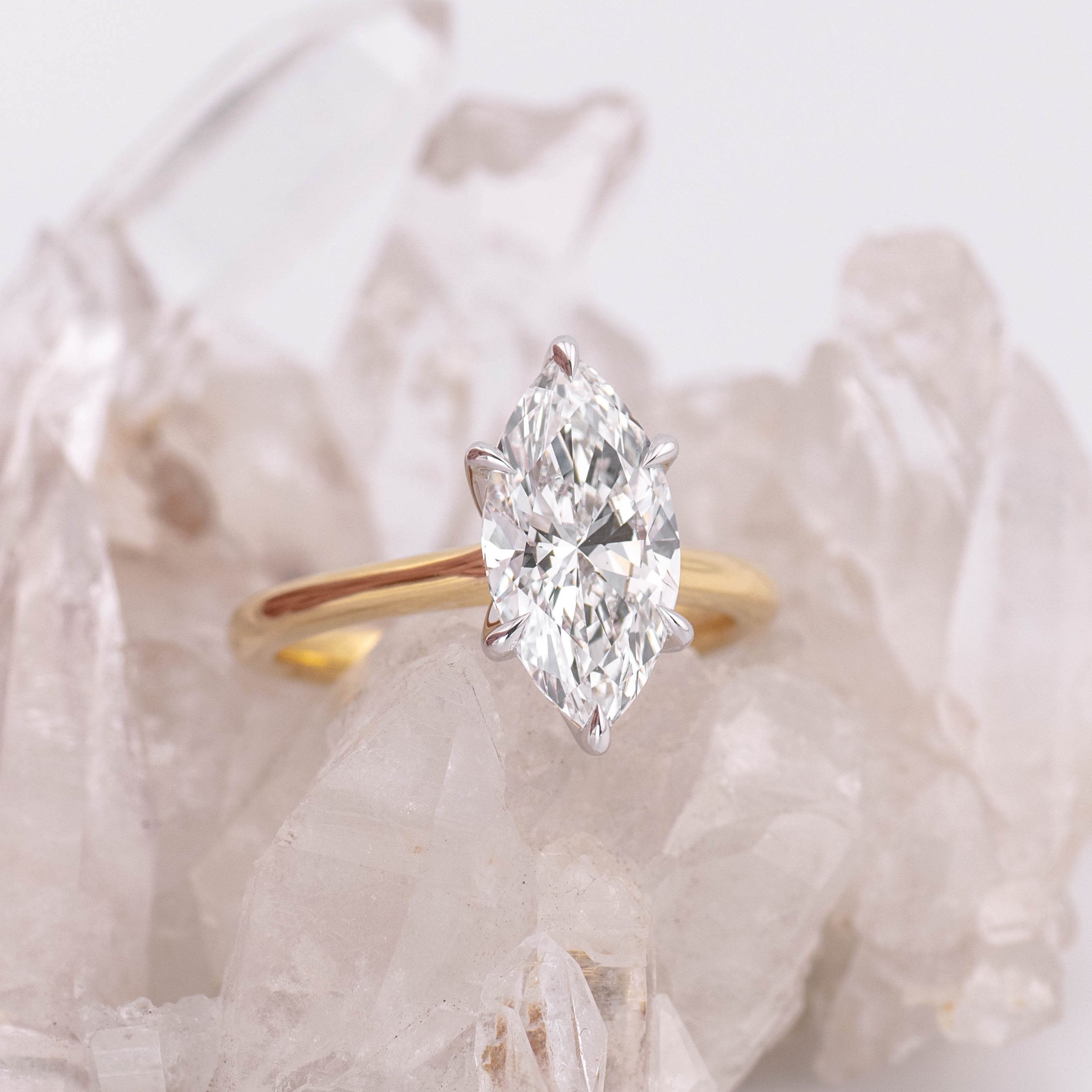 (Ready to Ship Size M) - Petal Marquise – 6 Claw 2.61ct E VVS2 Marquise Solitaire in 2 Tone Yellow and White Gold