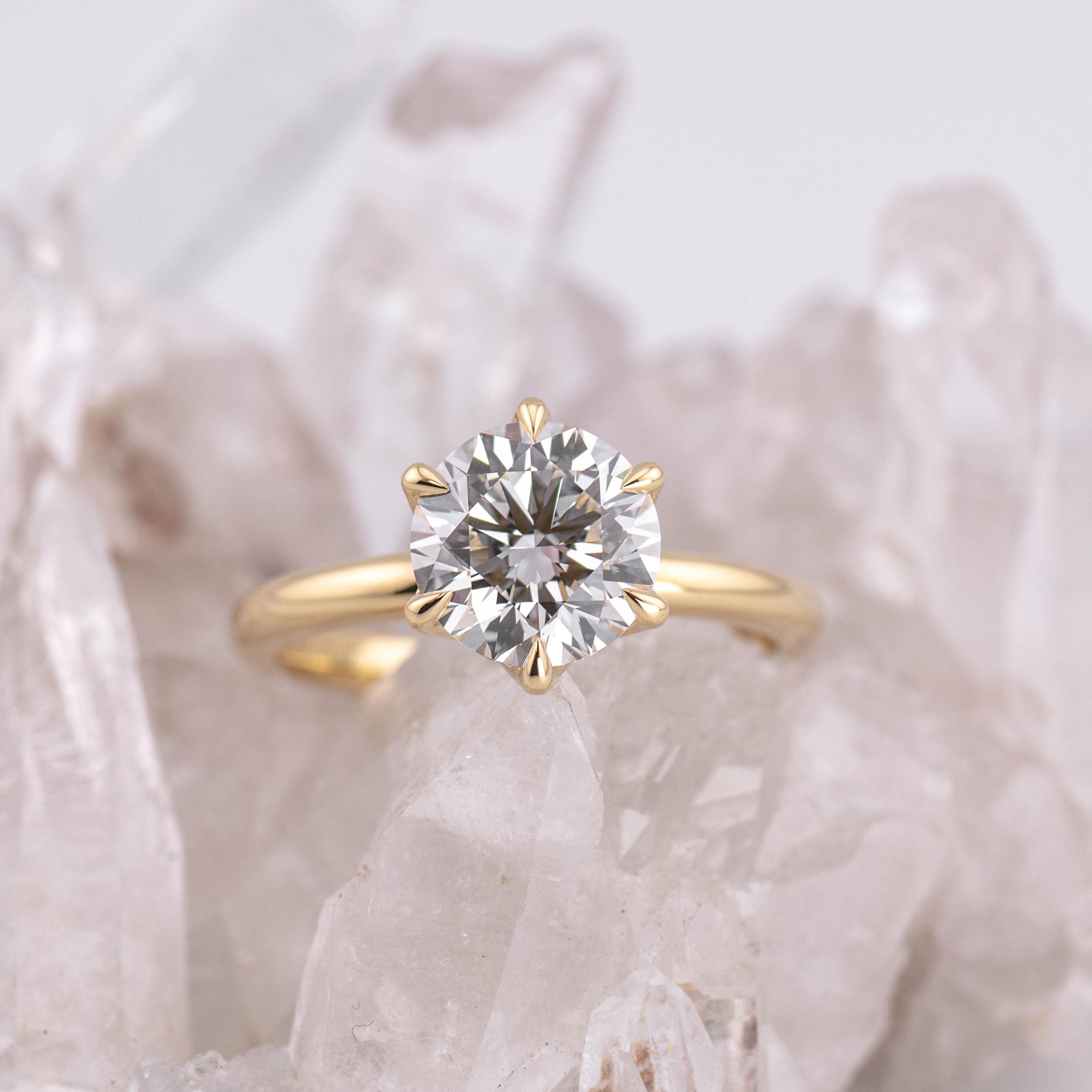(Ready to Ship Size M) - Petal 2.0 – 6 Petal Claw 2.07ct E VVS2 Round Solitaire in 18k Yellow Gold