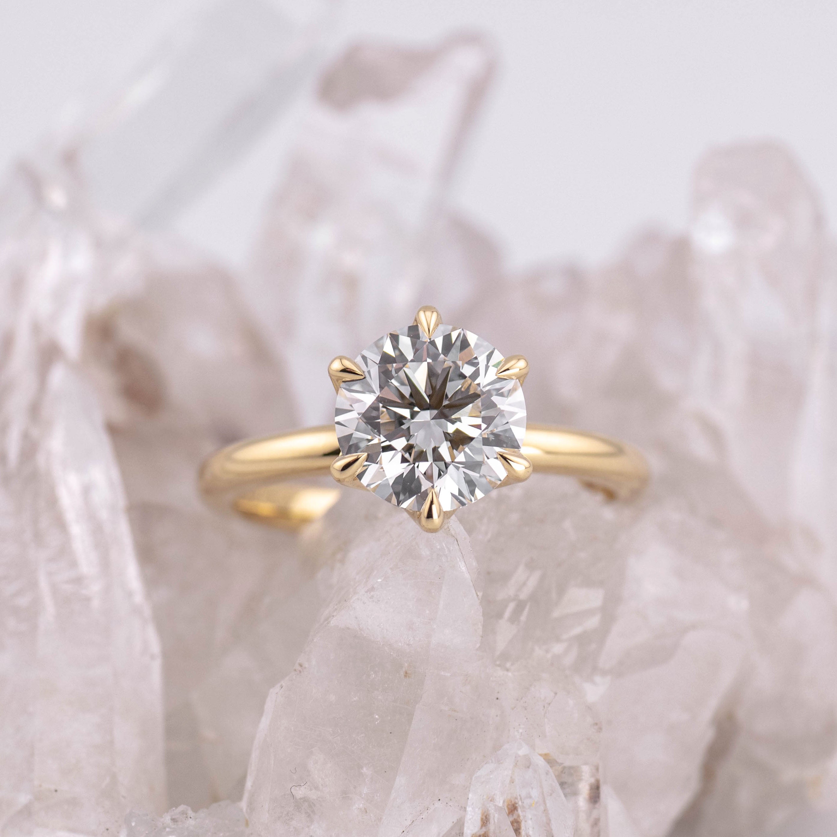 (Ready to Ship Size M) - Petal 2.0 – 6 Petal Claw 2.07ct E VVS2 Round Solitaire in 18k Yellow Gold