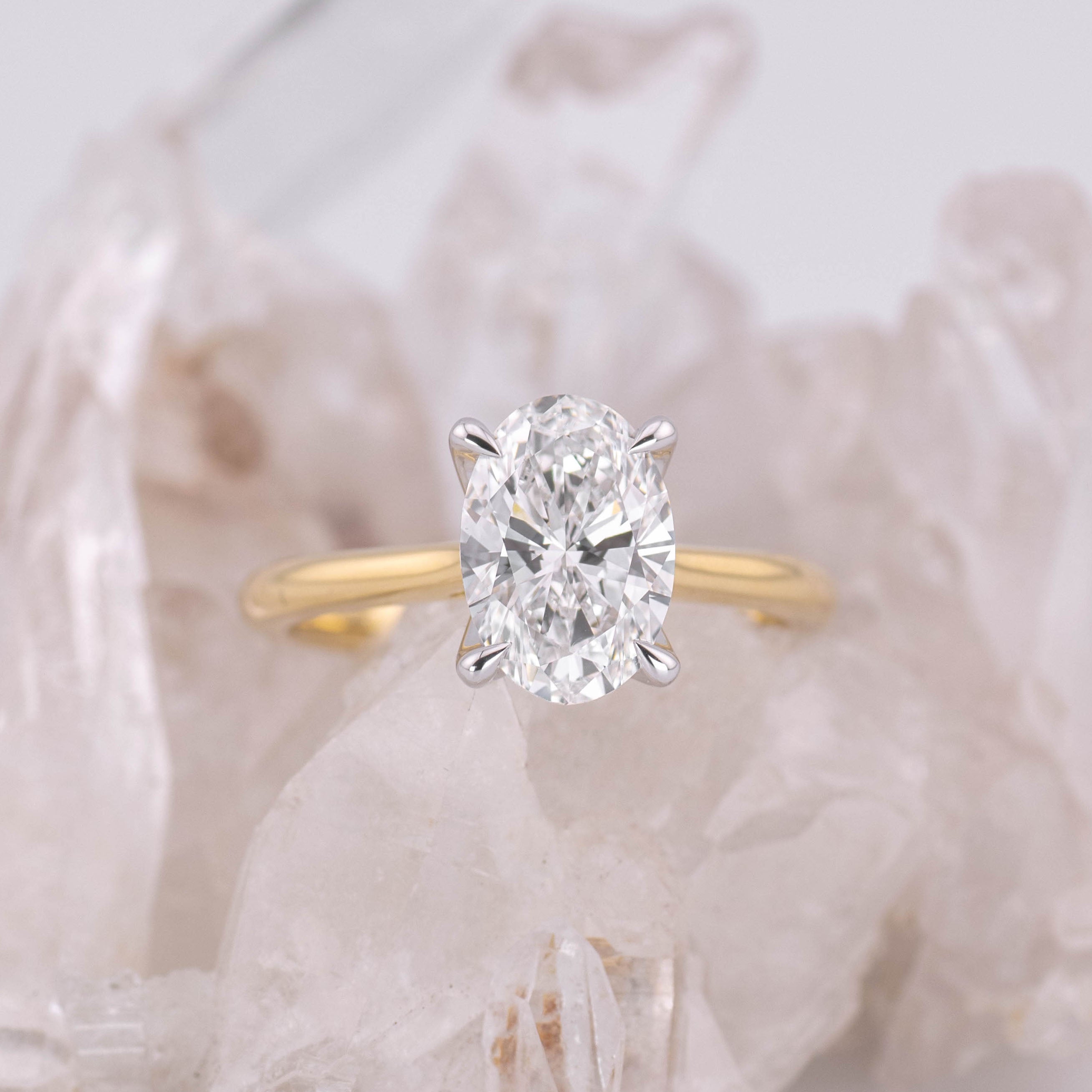 (Ready to Ship Size M) - Oval Petal 2.0 – 4 Claw Petal Basket 2.08ct D VVS2 Oval Solitaire in 18k 2 Tone Gold