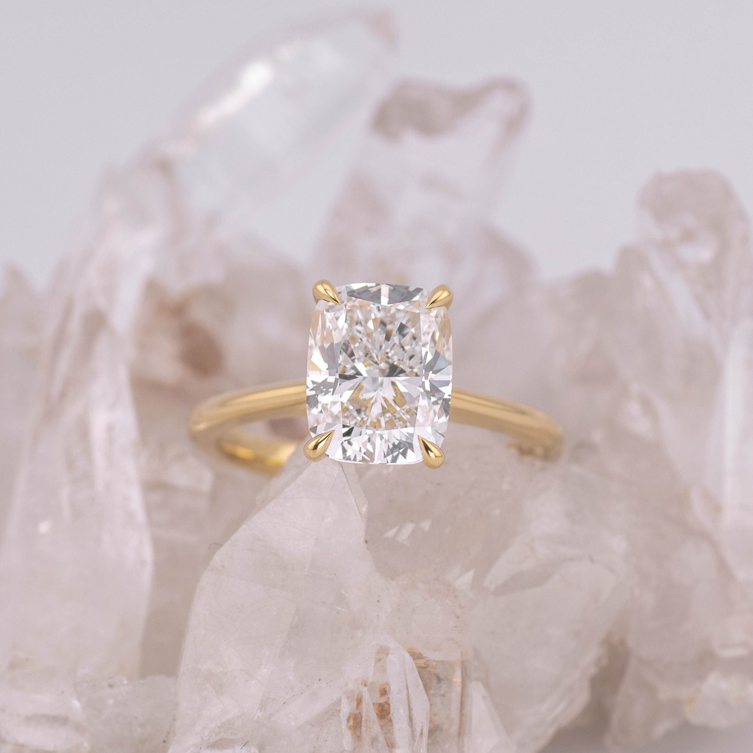 (Ready to Ship Size M) Cathedral Set Elongated Cushion 3.02ct D VVS2 Solitaire in 18k Yellow Gold