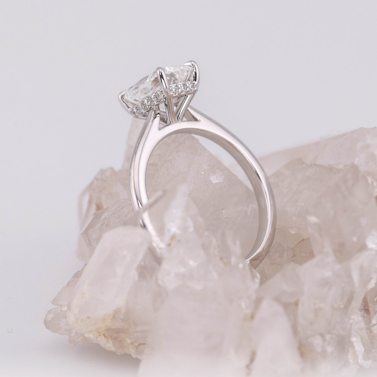 (Ready to Ship Size M) - Ruth 2.0 – Cathedral & Hidden Halo Elongated Cushion 2.06ct D VVS2 Solitaire in 18k White Gold