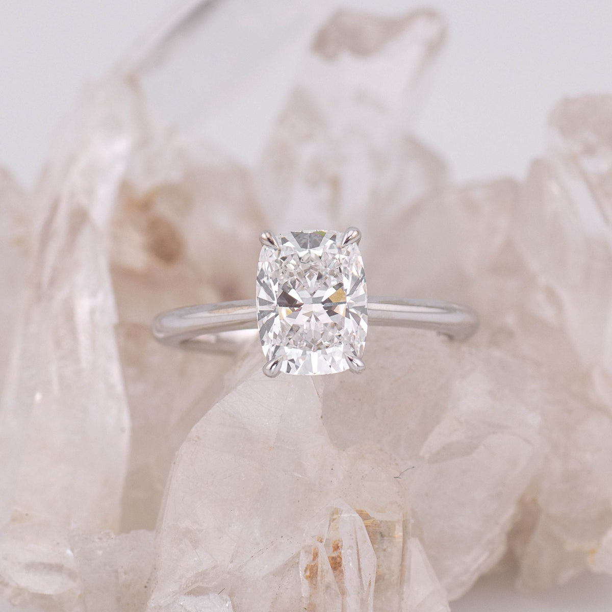 (Ready to Ship Size M) - Ruth 2.0 – Cathedral & Hidden Halo Elongated Cushion 2.06ct D VVS2 Solitaire in 18k White Gold