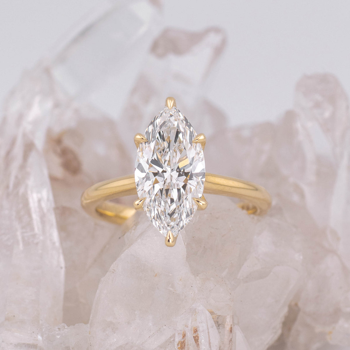 (Ready to Ship Size M) - Petal Marquise – 6 Claw 3ct E VVS2 Marquise Solitaire in 18k Yellow Gold