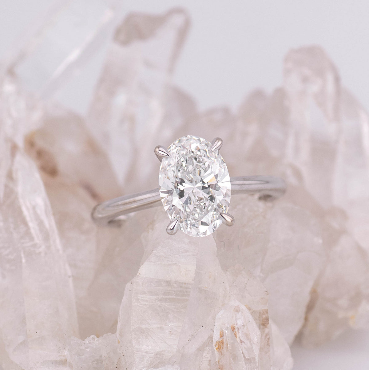 (Ready to Ship Size M) - Oval Cathedral 4 Claw 2.04ct D VVS2 Solitaire in 18k White Gold