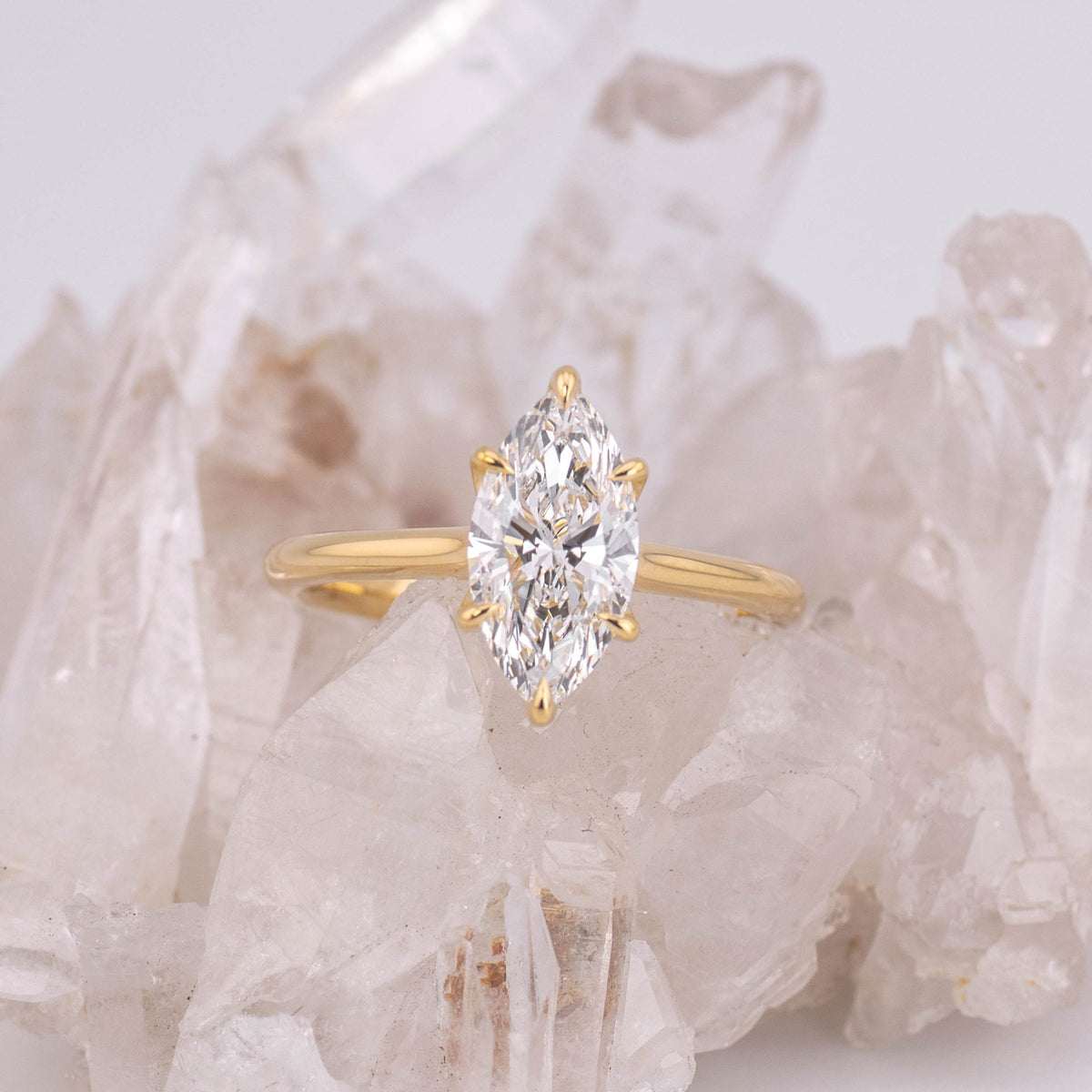(Ready to Ship Size M) - Petal Marquise – 6 Claw 1.55ct E VVS2 Marquise Solitaire in 18k Yellow Gold