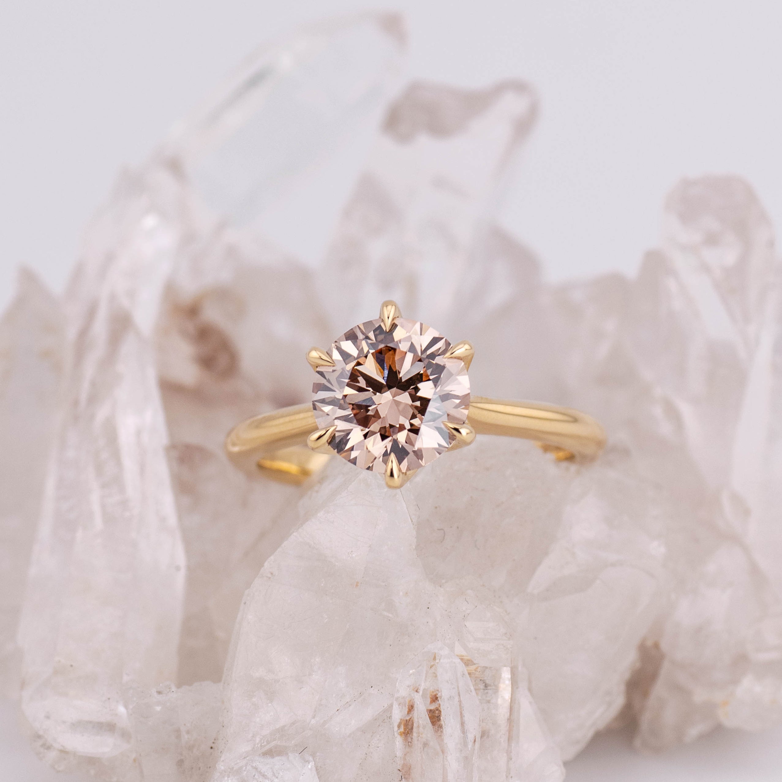 (Ready to Ship Size M) - Champagne Brown Grace 2.0 Round Brilliant Petal Cathedral in 18k Yellow Gold