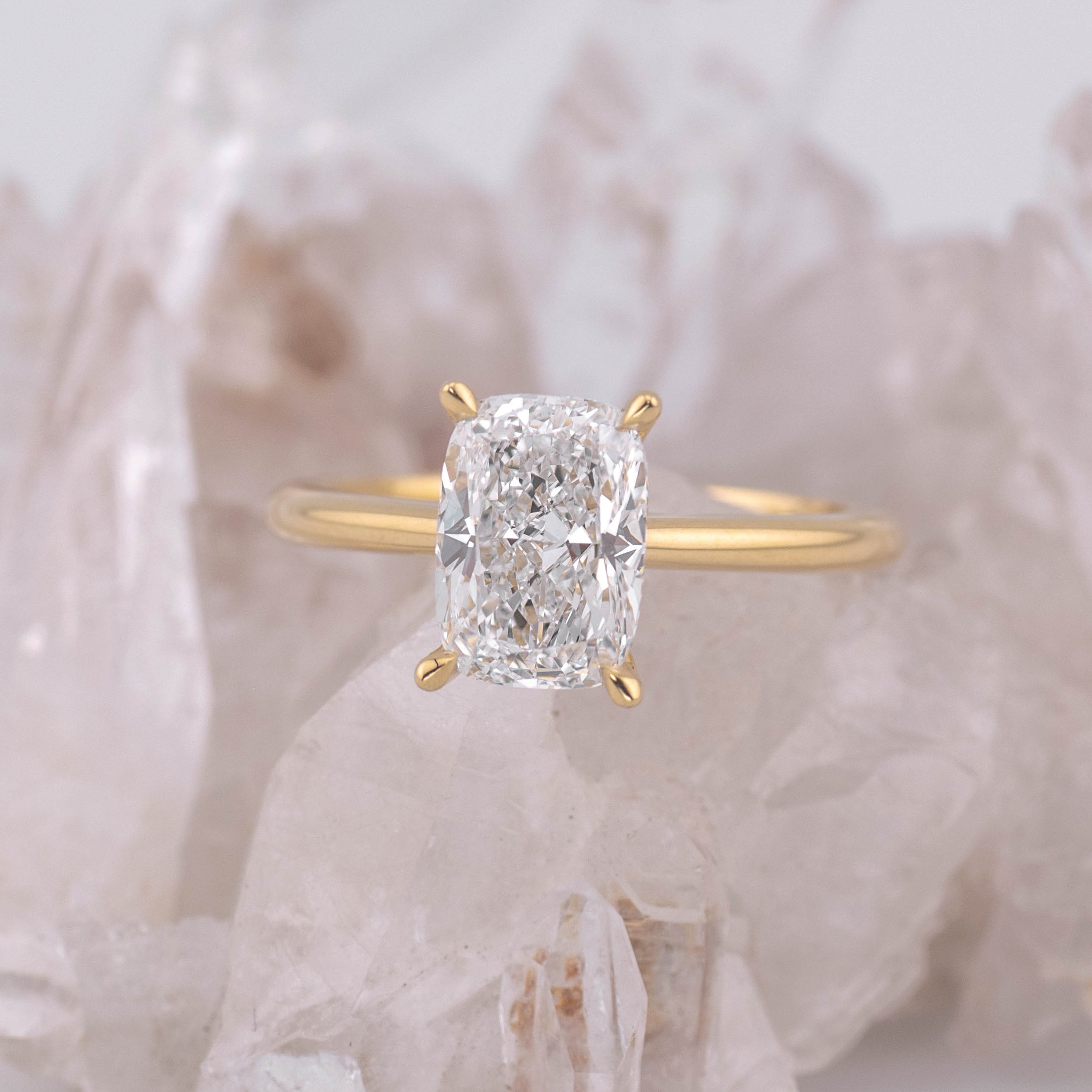 (Ready to Ship Size M) - Ruth 2.0 – Cathedral & Hidden Halo Elongated Cushion 2.07ct D VVS2 Solitaire in 18k Yellow Gold
