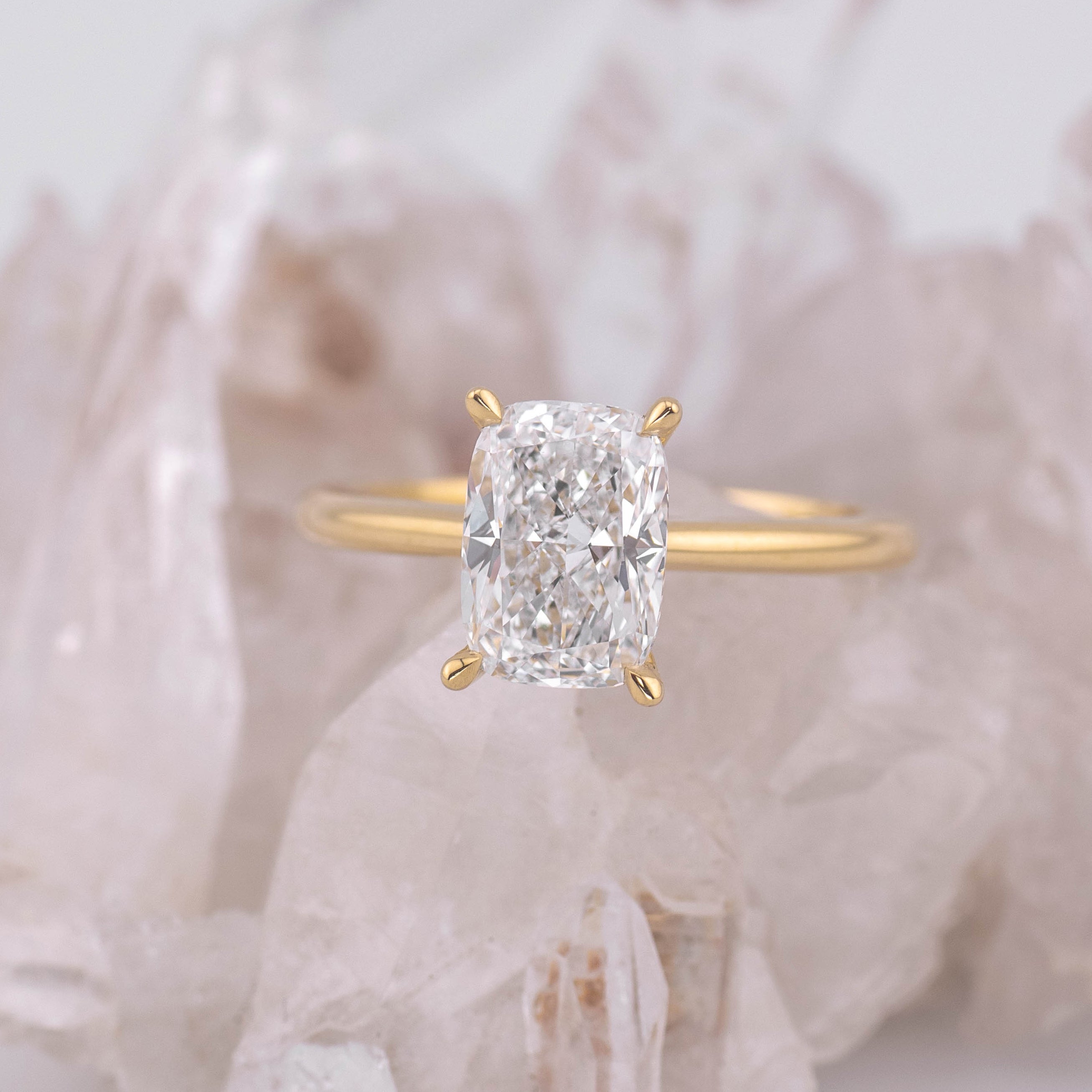 (Ready to Ship Size M) - Ruth 2.0 – Cathedral & Hidden Halo Elongated Cushion 2.07ct D VVS2 Solitaire in 18k Yellow Gold