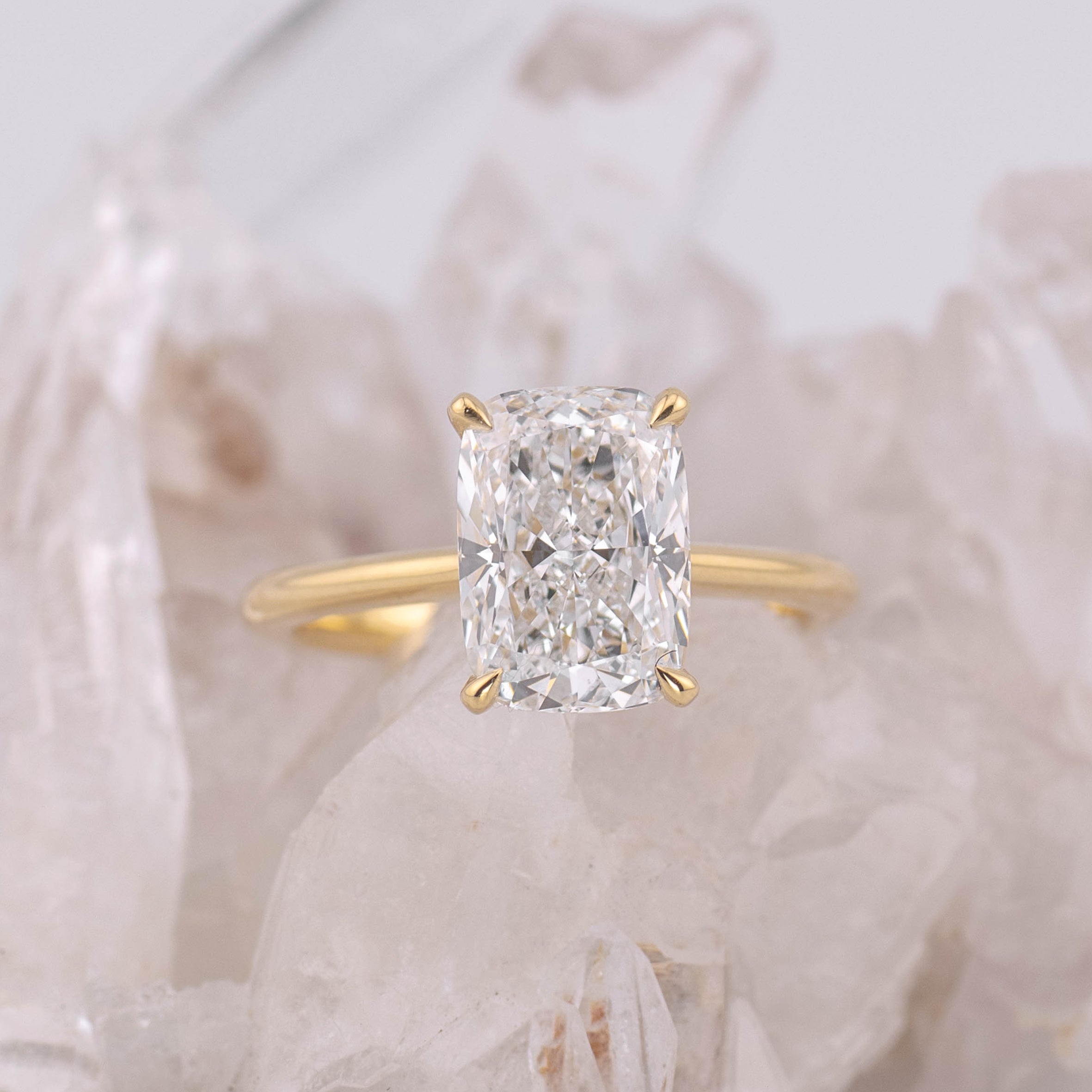 (Ready to Ship Size M) - Ruth 3.0 – Cathedral & Hidden Halo Elongated Cushion 3.04ct E VVS2 Solitaire in 18k Yellow Gold