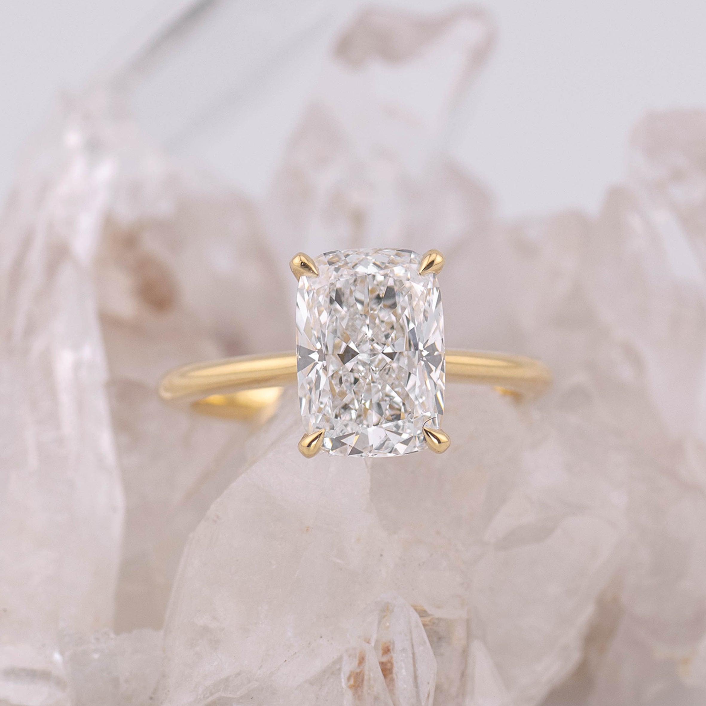 (Ready to Ship Size M) - Ruth 3.0 – Cathedral & Hidden Halo Elongated Cushion 3.04ct E VVS2 Solitaire in 18k Yellow Gold