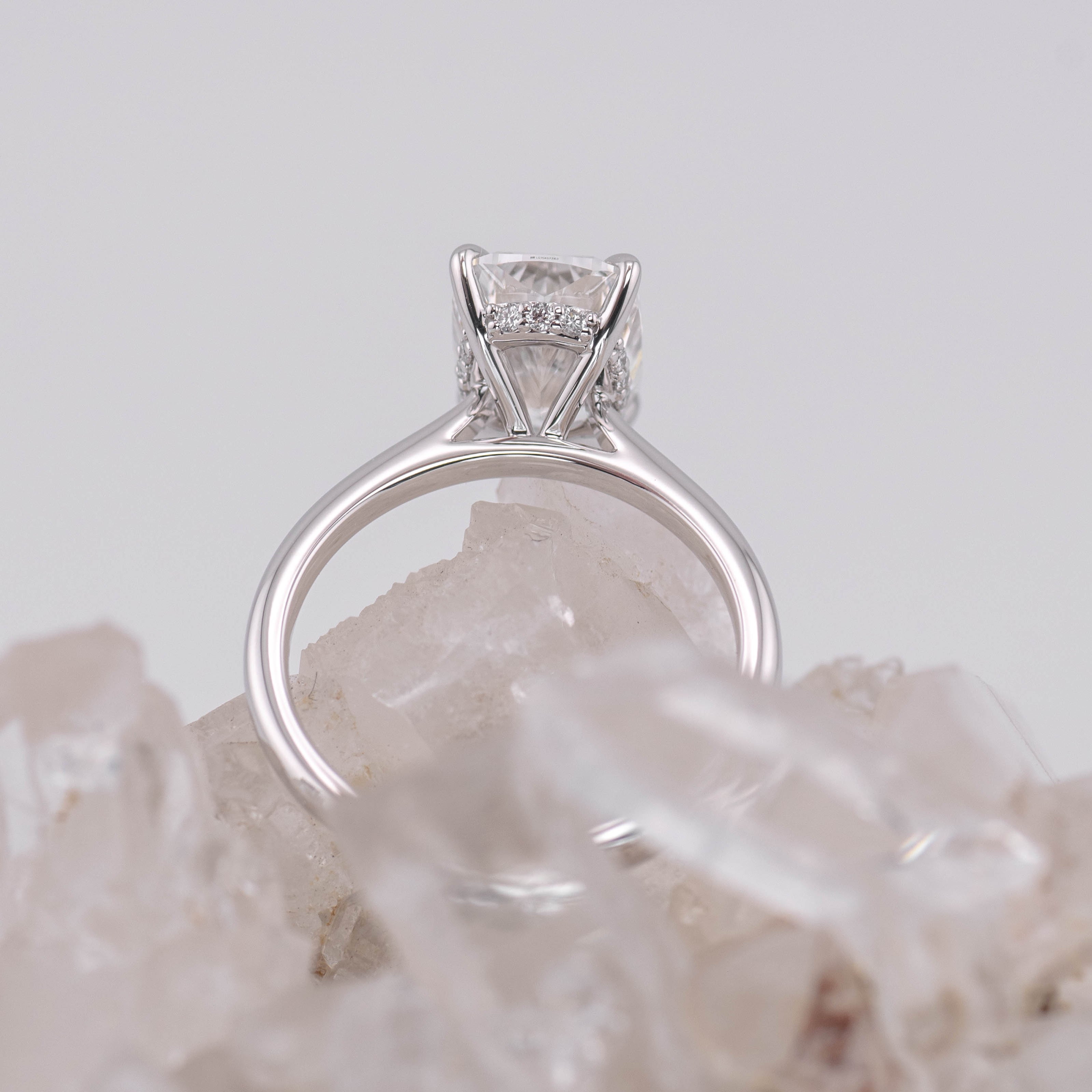 (Ready to Ship Size N) - Ruth 3.0 – Cathedral & Hidden Halo Elongated Cushion 3.08ct E VVS2 Solitaire in 14k White Gold