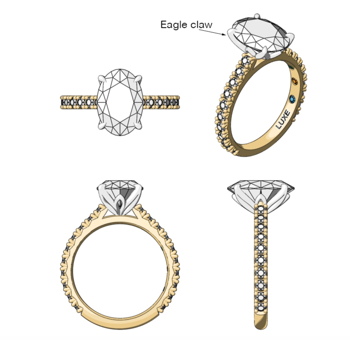 Custom Petal Pave Solitaire – 4 Petal Claw 3ct Oval Brilliant D VVS2 in 18k Yellow Gold