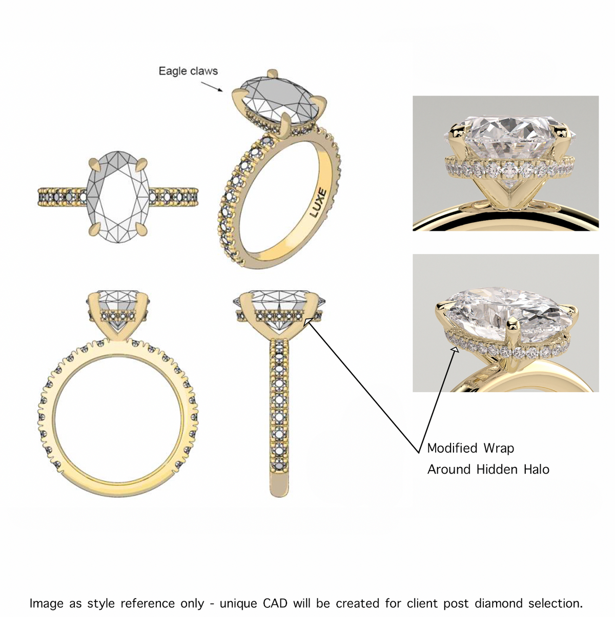 2.0CT OVAL SOLITAIRE WITH MODIFIED WRAP AROUND HIDDEN HALO & PAVE BAND