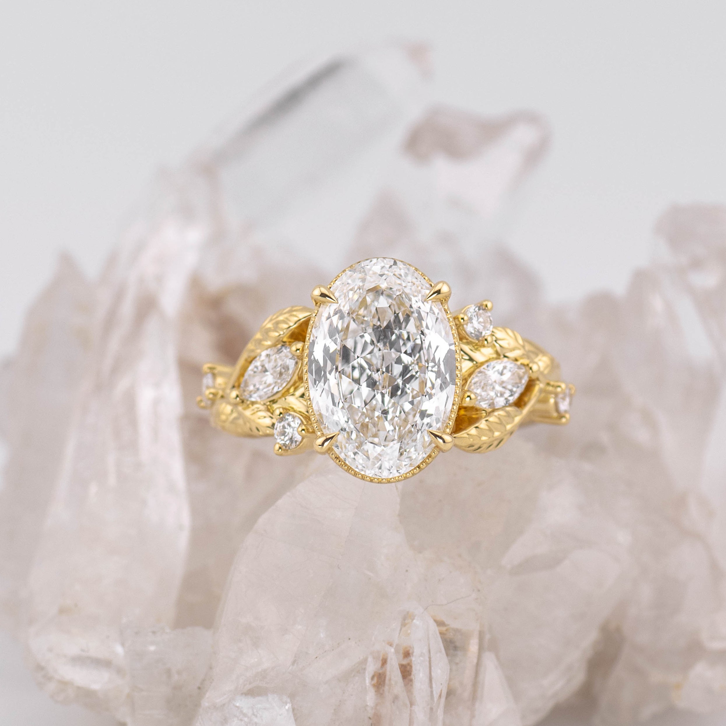 (Ready to Ship Size M) - 3.09ct Vintage Rose Cut Oval E VVS2 Vine Detail Diamond Ring in 18k Yellow Gold