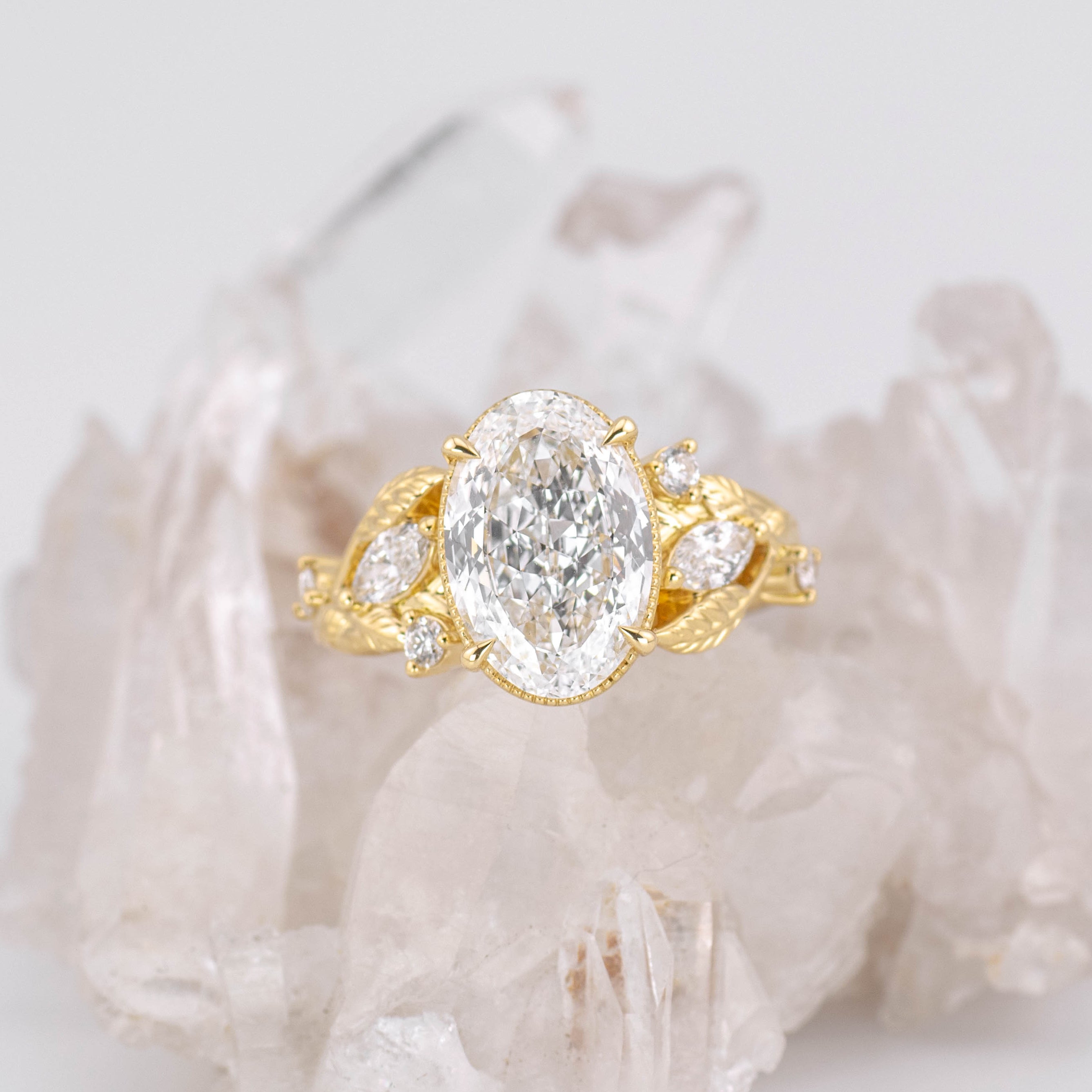 (Ready to Ship Size M) - 3.09ct Vintage Rose Cut Oval E VVS2 Vine Detail Diamond Ring in 18k Yellow Gold