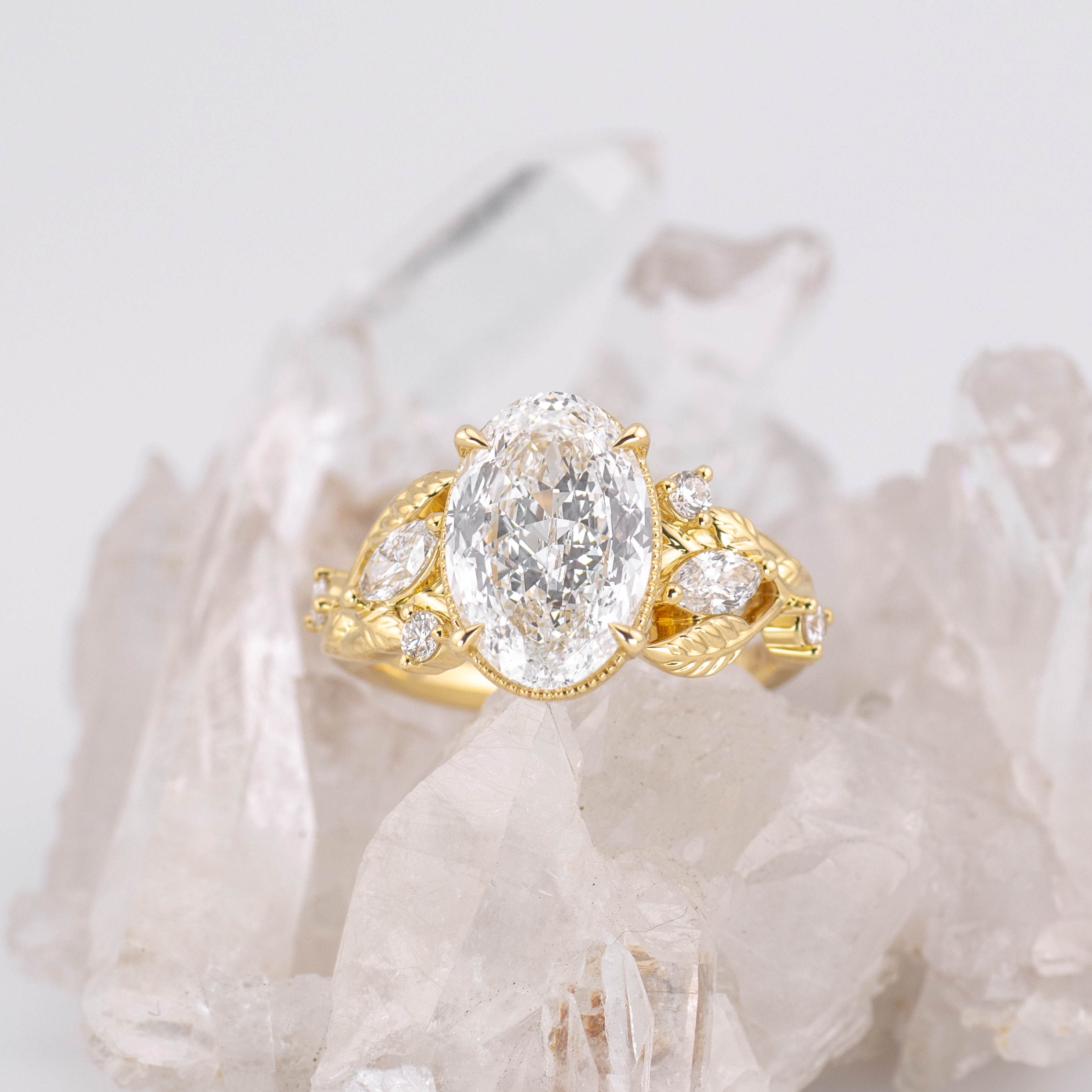 (Ready to Ship Size M) - 3.09ct Vintage Rose Cut Oval E VVS2 Vine Detail Diamond Ring in 18k Yellow Gold
