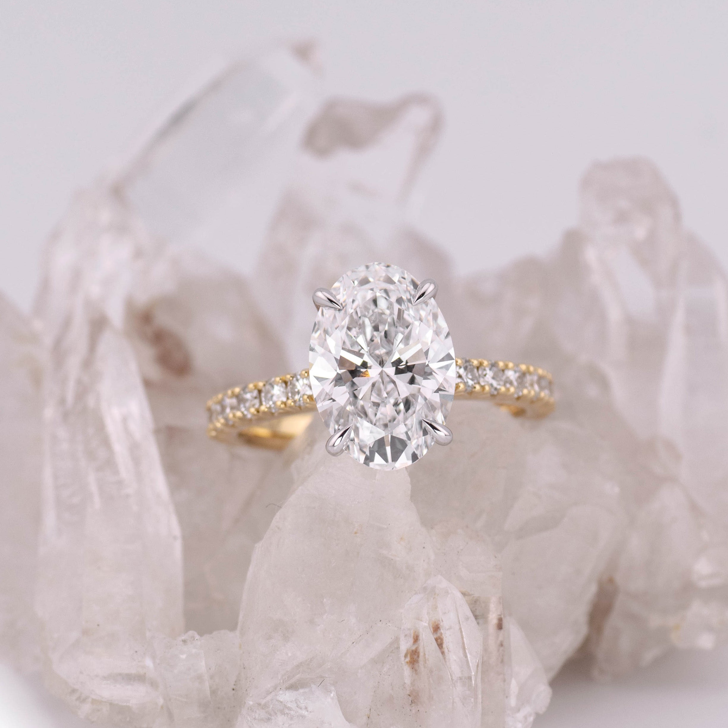 (Ready to Ship Size M) - 3.19ct Oval Solitaire with Hidden Halo & French Pave Band 18k 2 Tone Gold