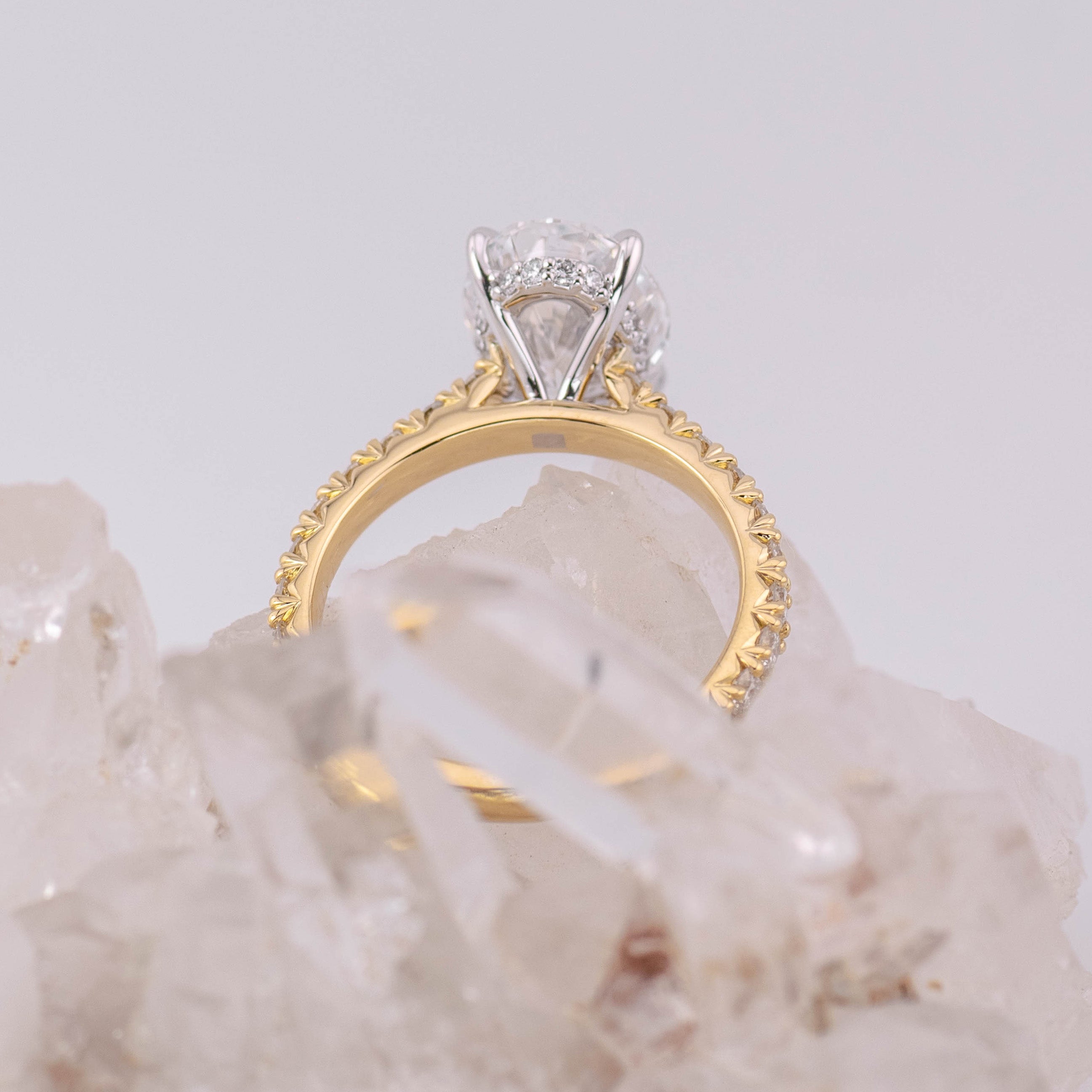 (Ready to Ship Size M) - 3.19ct Oval Solitaire with Hidden Halo & French Pave Band 18k 2 Tone Gold