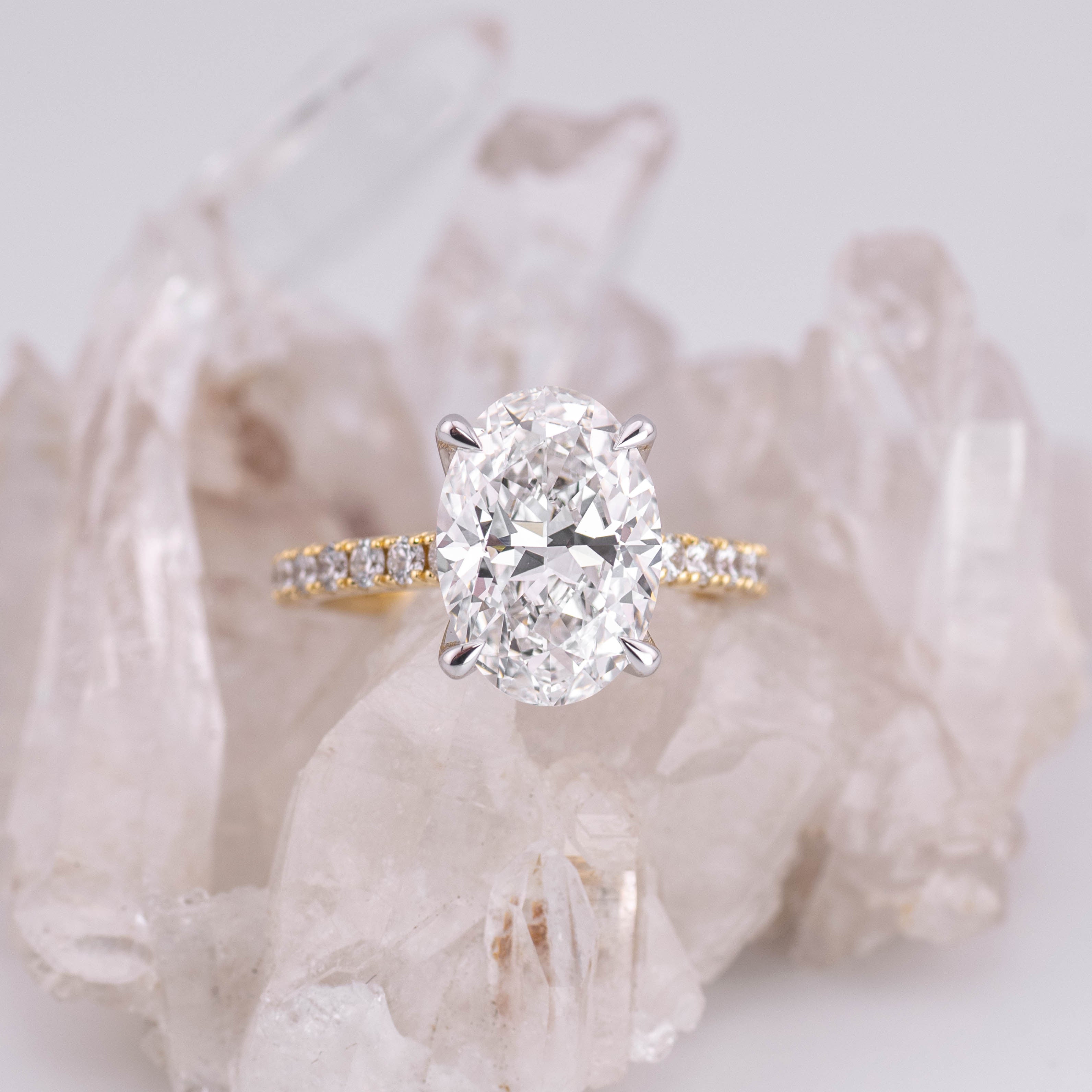 (Ready to Ship Size M) Petal Pave Solitaire – 4.05ct 4 Petal Claw Oval Brilliant E VVS2 in 18k 2 Tone Gold