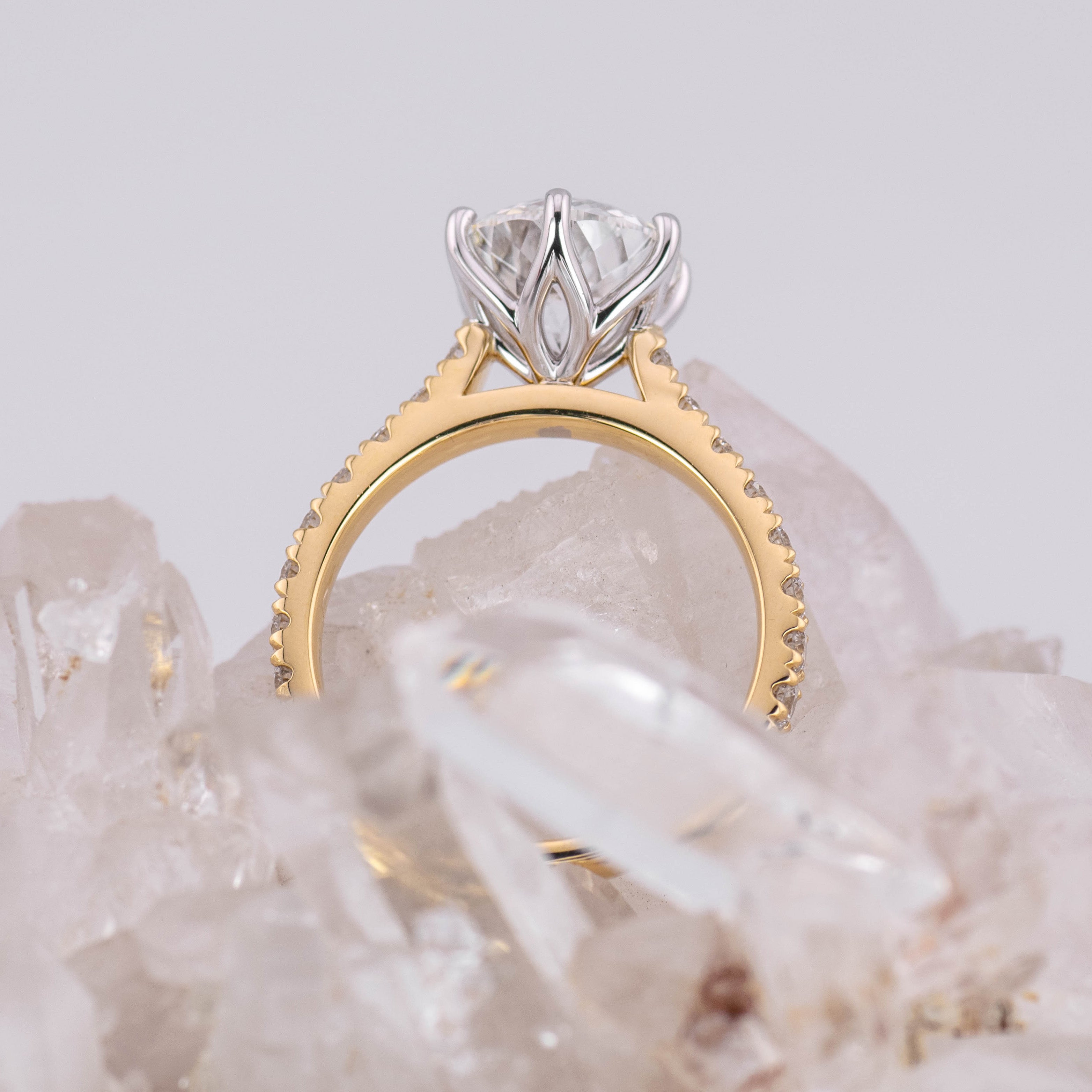 (Ready to Ship Size M) - Portuguese Cut Petal Pave Solitaire – 6 Petal Claw Round 3.04ct F VVS2 in 2 Tone 18k Gold