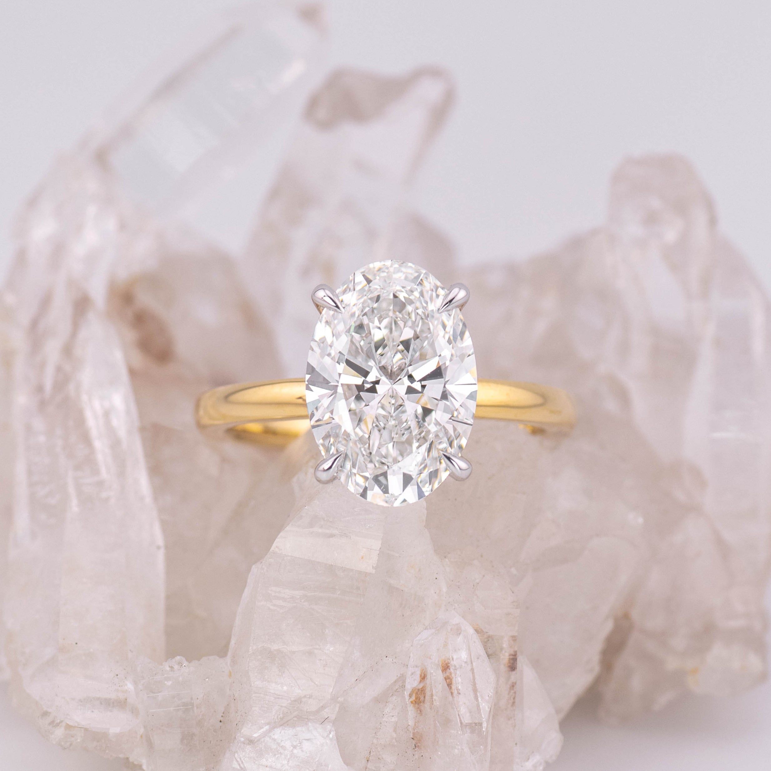 (Ready to Ship Size N) - Kate 4.0 – 4 Claw 4.09ct E VVS2 Oval Solitaire in 2 Tone 18k Yellow & White Gold