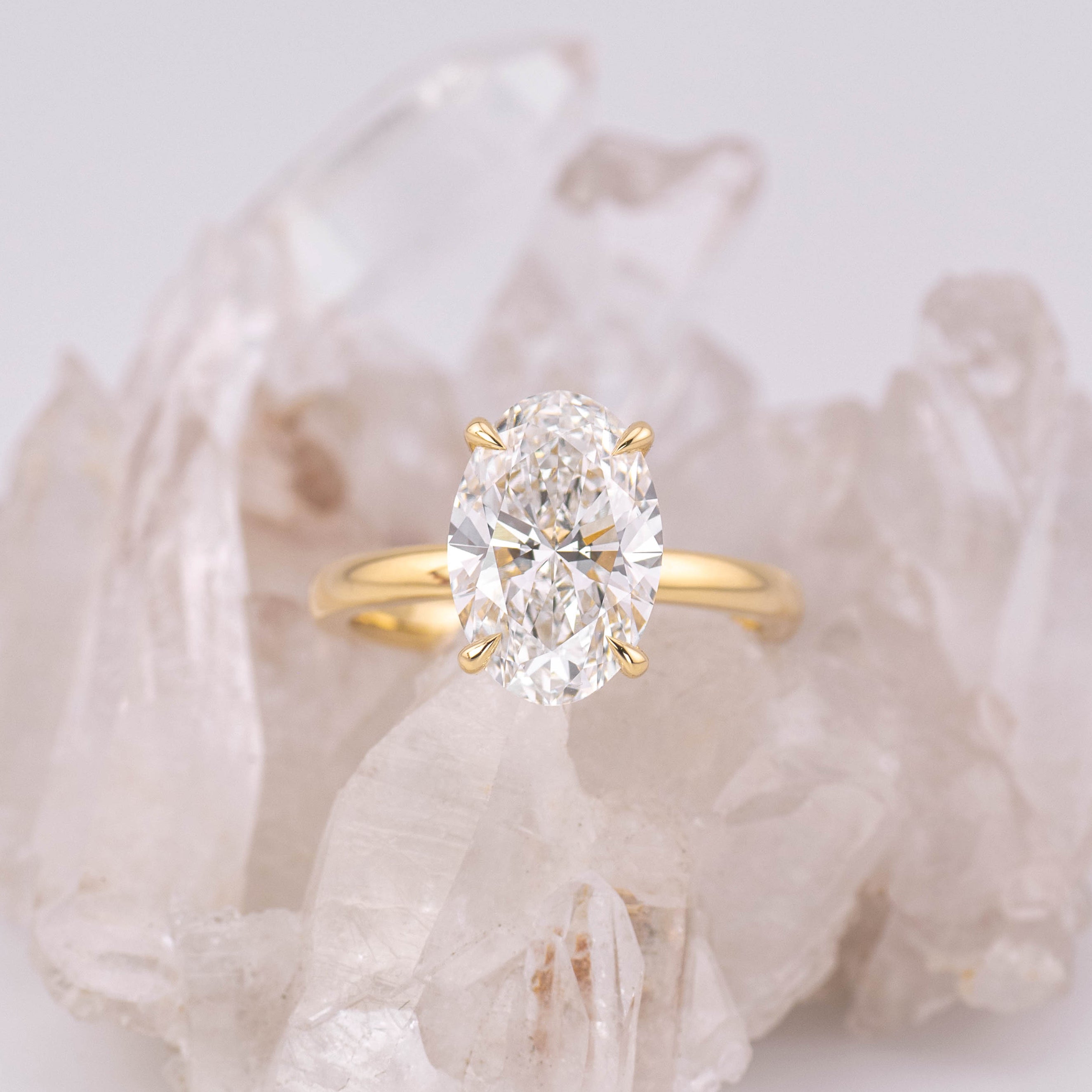 (Ready to Ship Size L) - Bella 3.0 – 4 Claw with Hidden Halo 3.26ct E VVS2 Oval Solitaire in 18k Yellow Gold